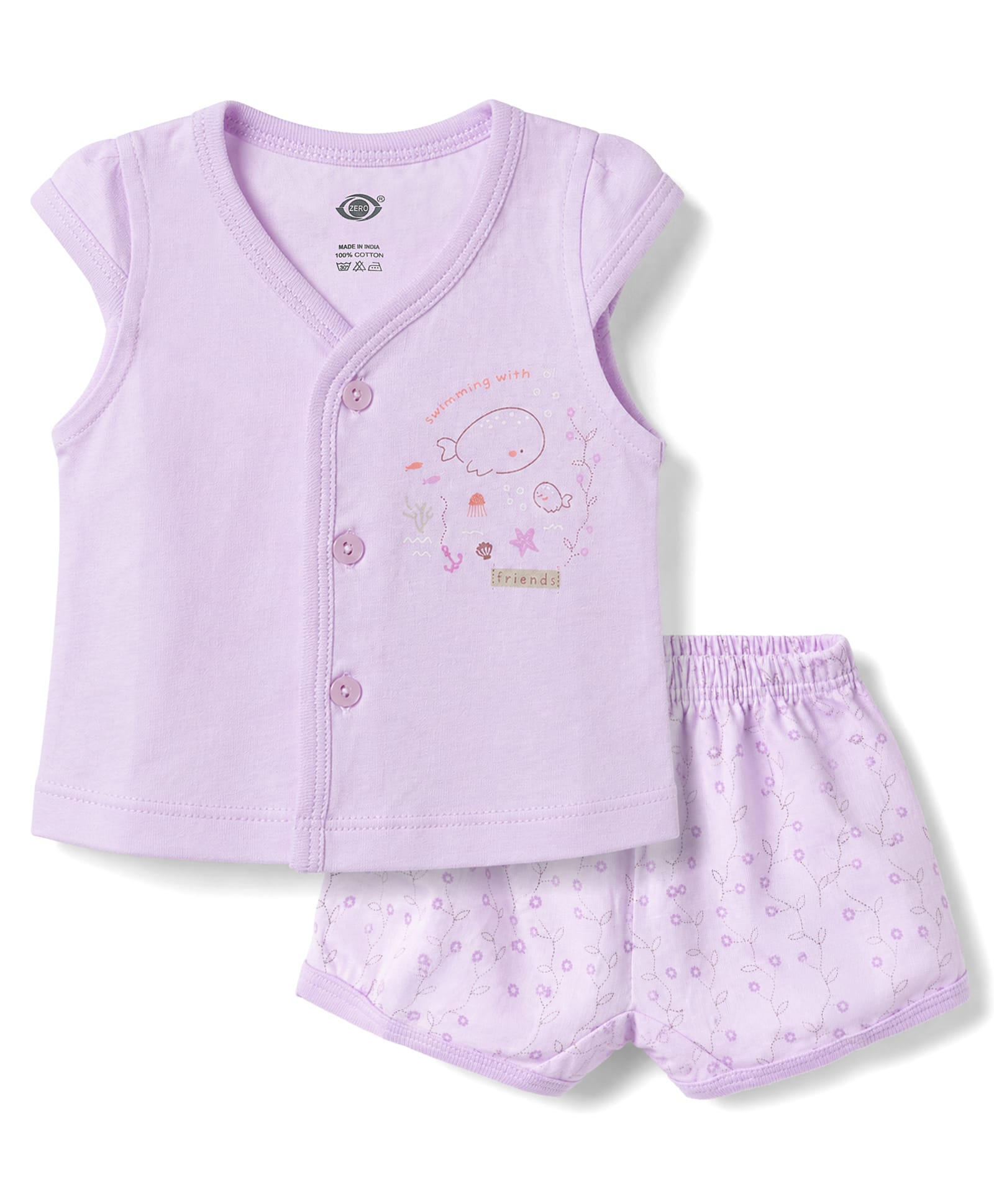 Zero Sinker Knit Half Sleeves T-Shirt & Shorts Night Suit With Sea Life and Floral Print - Lilac-picture-19