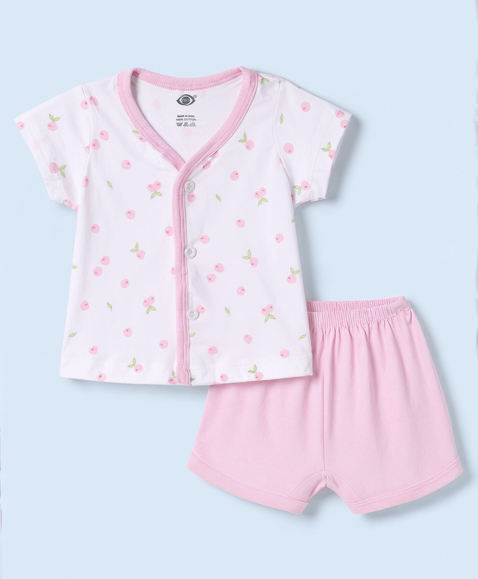 Zero Sinker Knit Half Sleeves T-Shirt & Shorts Night Suit With Fruit Print - White & Pink-picture-19