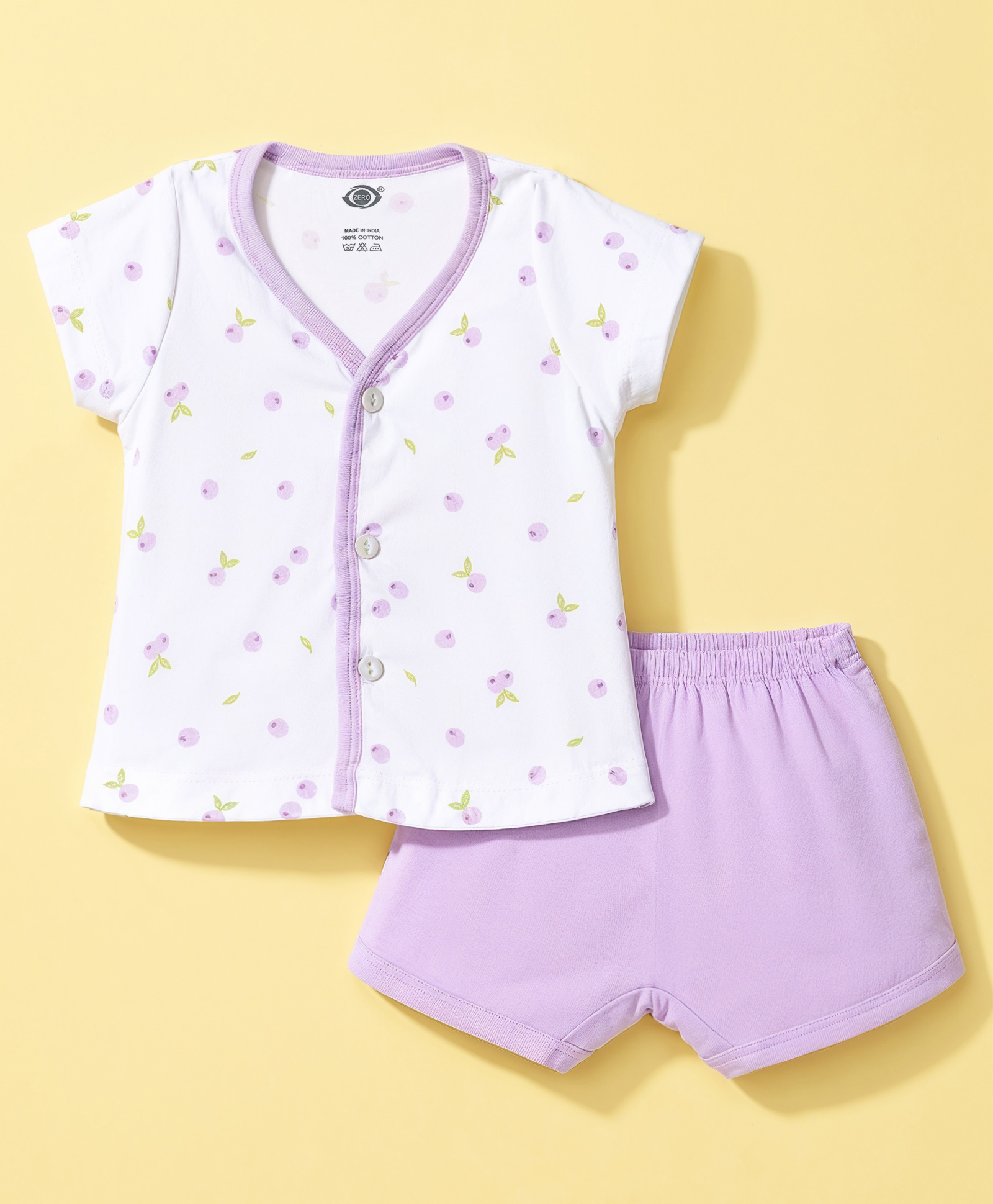 Zero Sinker Knit Half Sleeves T-Shirt & Shorts Night Suit With Fruit Print - White & Lilac-picture-34