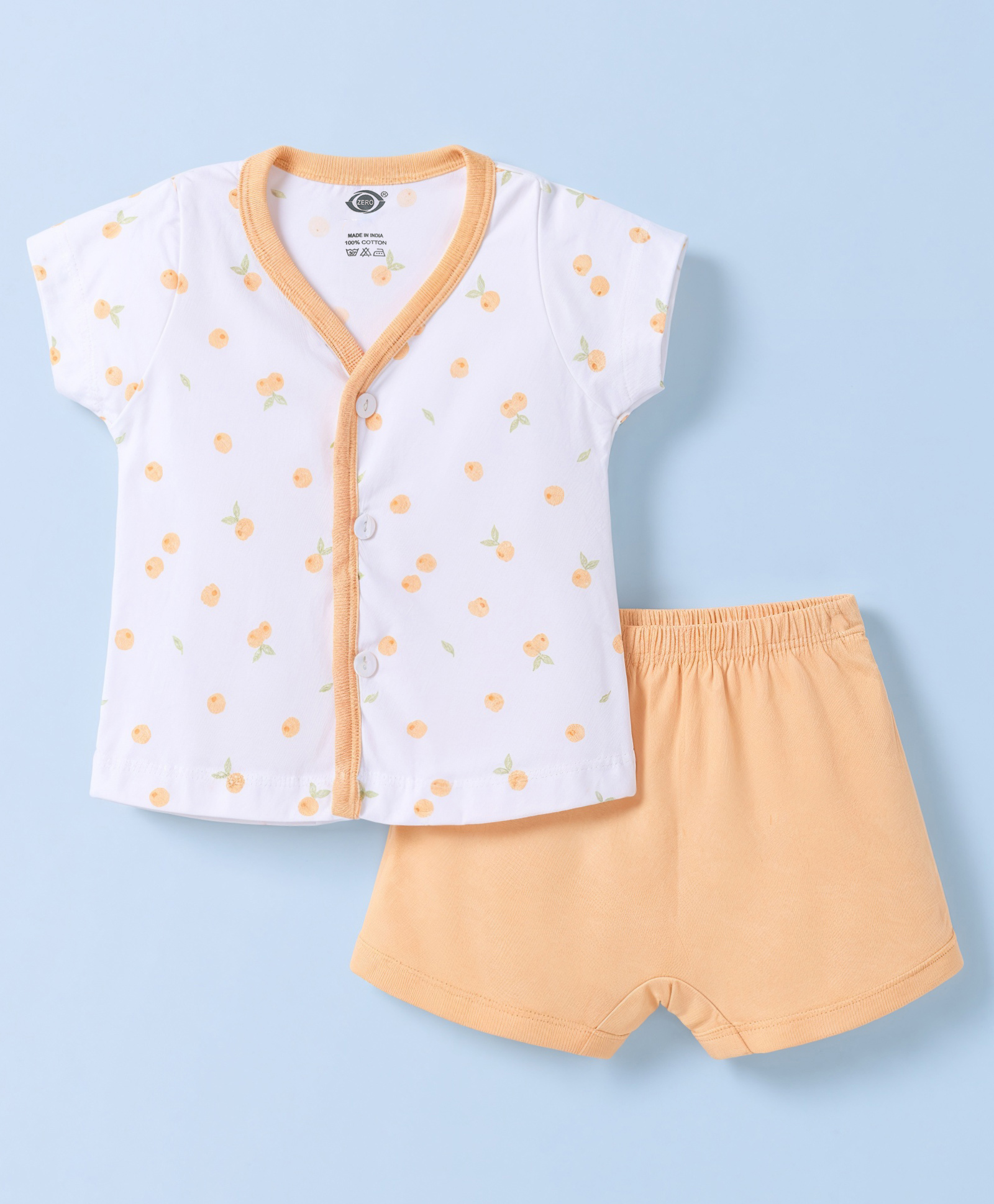 Zero Sinker Knit Half Sleeves T-Shirt & Shorts Night Suit With Fruit Print - White & Orange-image-38