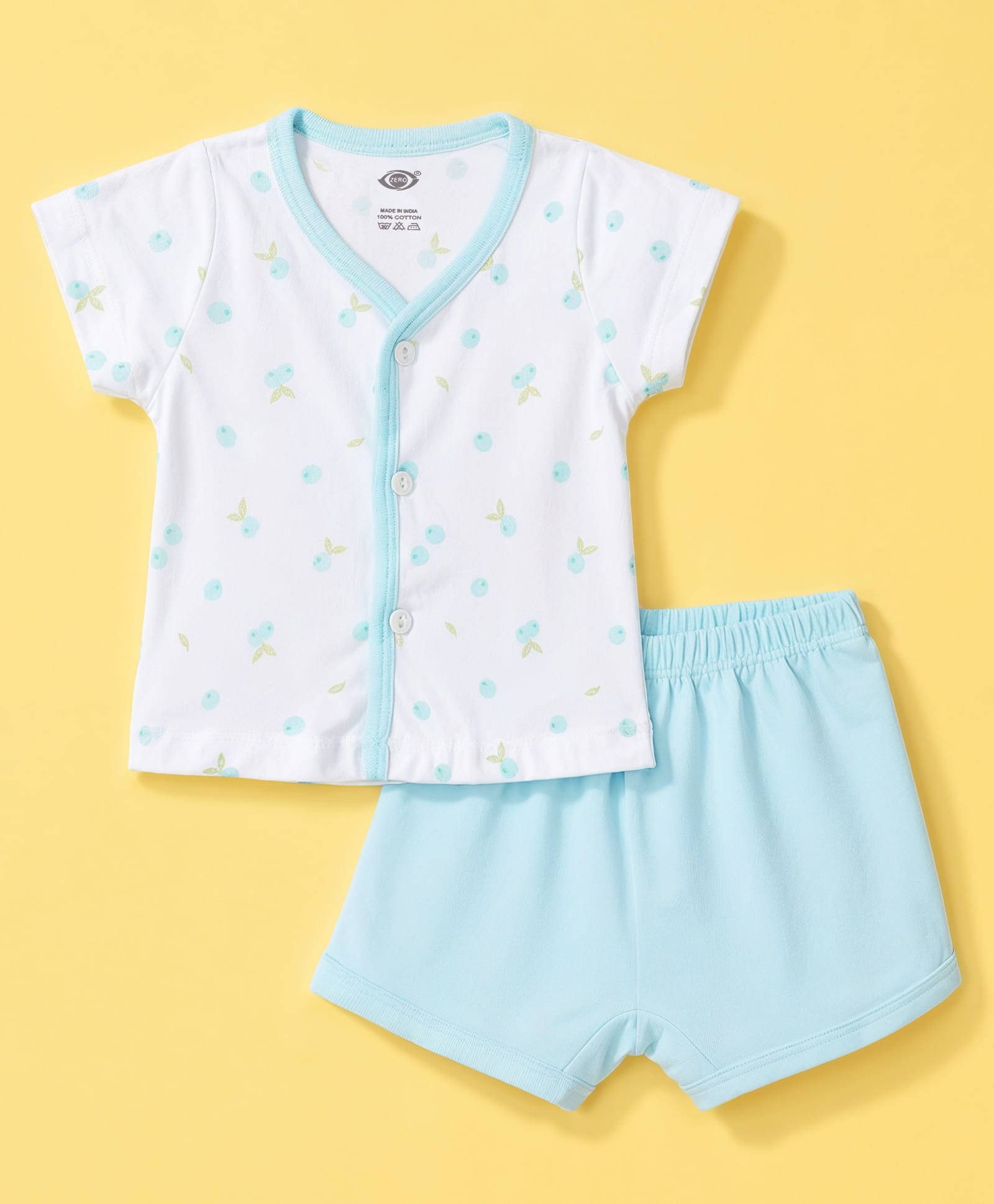 Zero Sinker Knit Half Sleeves T-Shirt & Shorts Night Suit With Fruit Print - White & Green-picture-28