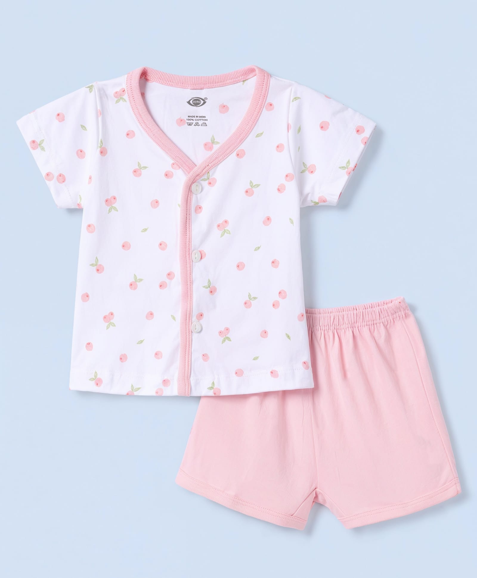 Zero Sinker Knit Half Sleeves T-Shirt & Shorts Night Suit With Fruit Print - White & Peach-picture-35