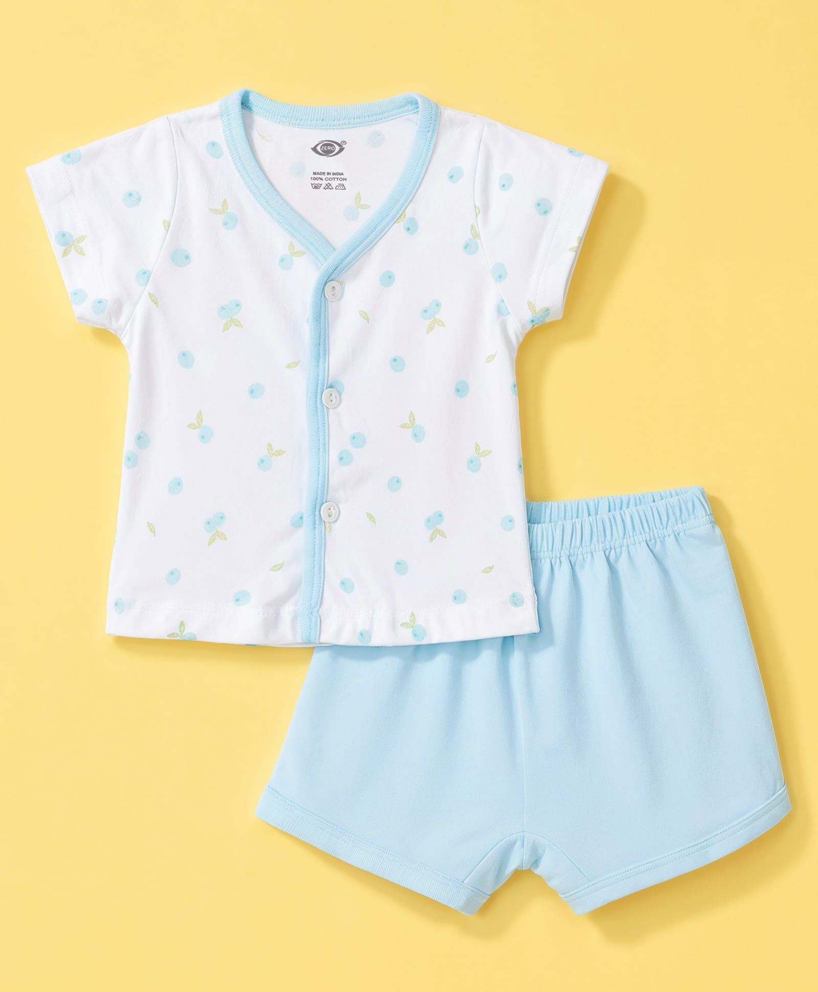 Zero Sinker Knit Half Sleeves T-Shirt & Shorts Night Suit With Fruit Print - White & Light Blue-picture-16