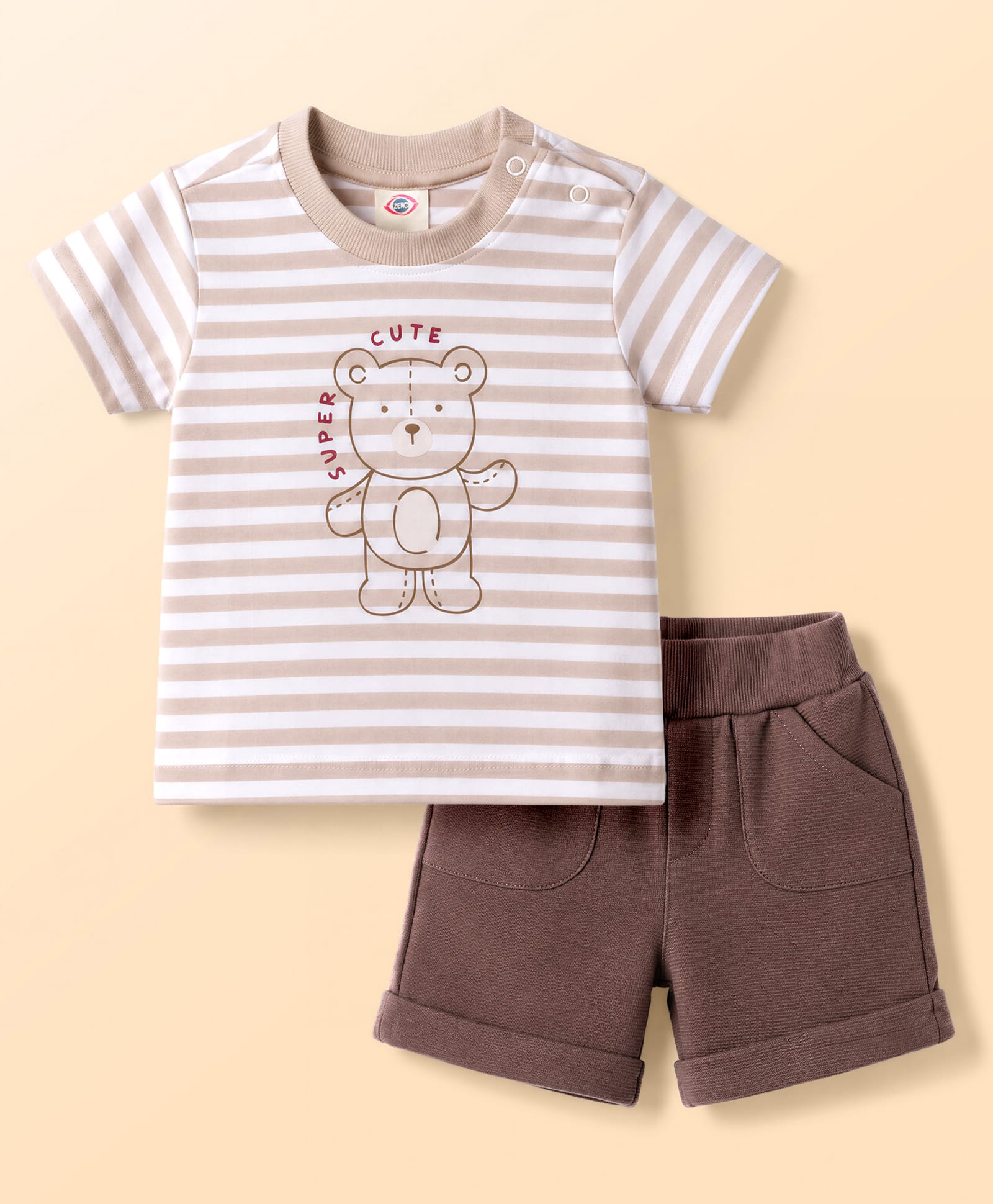 Zero Sinker Knit Half Sleeves Striped T-Shirt & Shorts Set With Bear Print - Brown-image-26