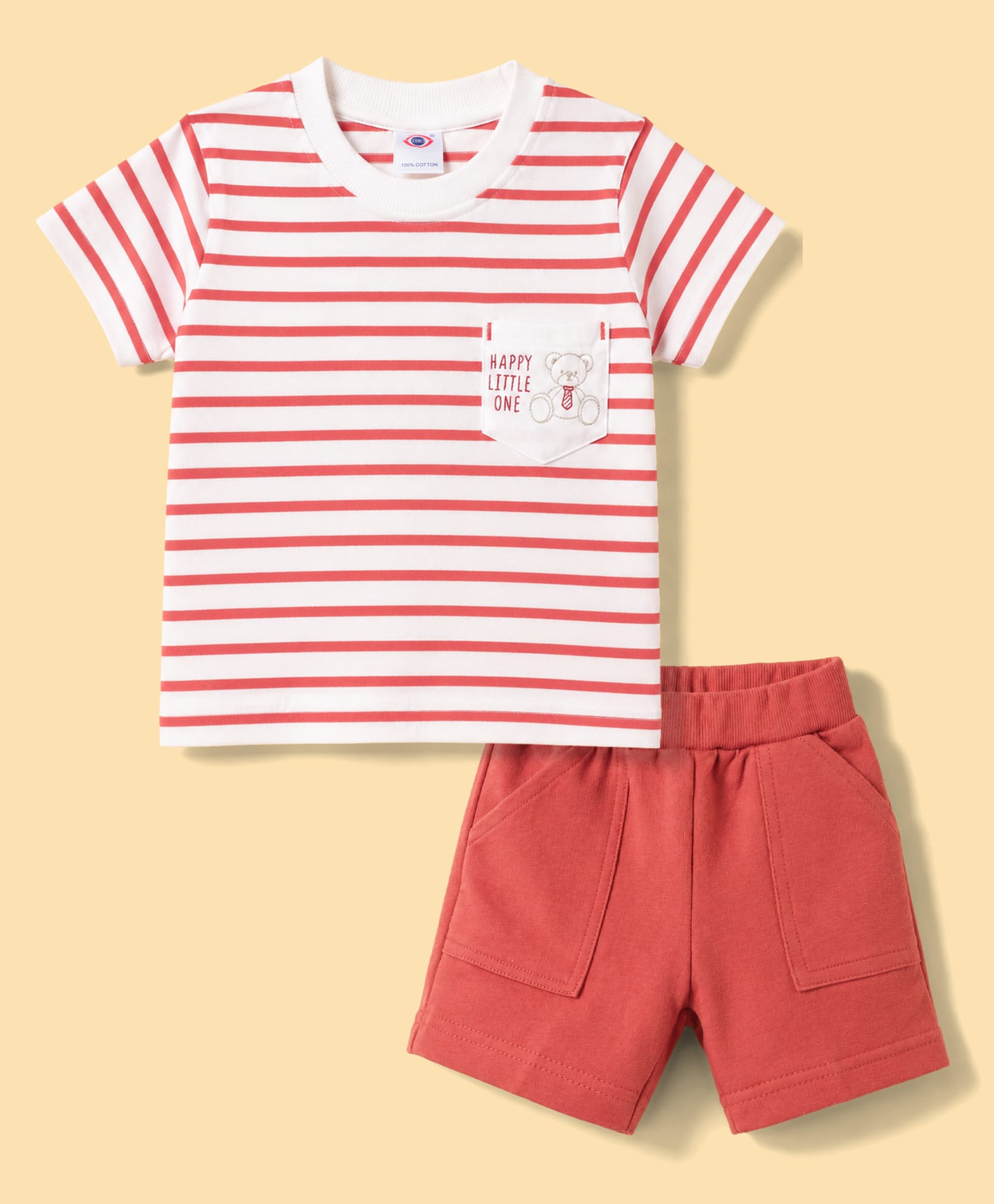 Zero Sinker Knit Half Sleeves Striped & Bear Embroidered T-Shirt & Shorts Set - Red-picture-4