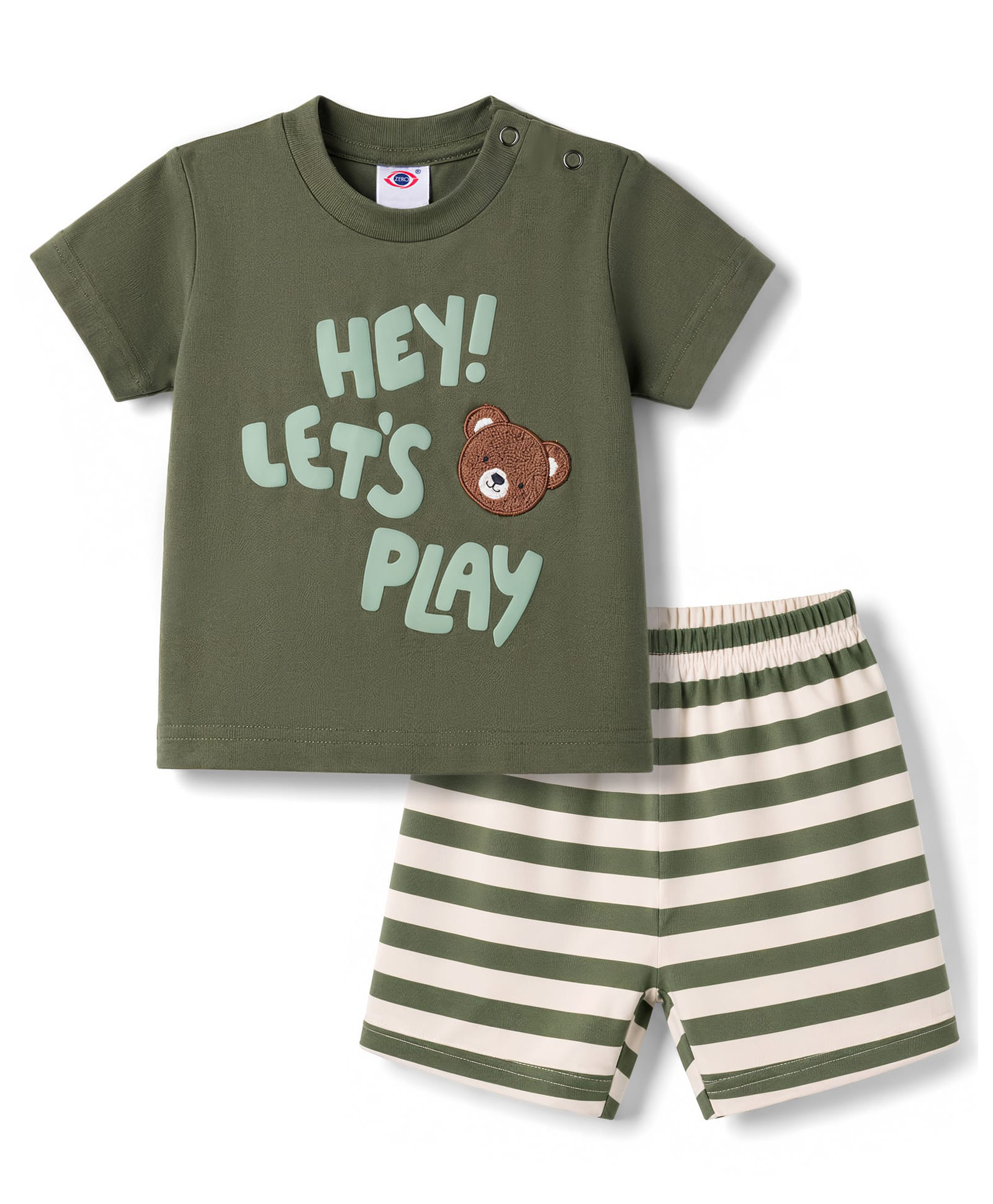 Zero Sinker Knit Half Sleeves T-Shirt & Striped Shorts Set With Text Print & Bear Embroidery - Green-image-15