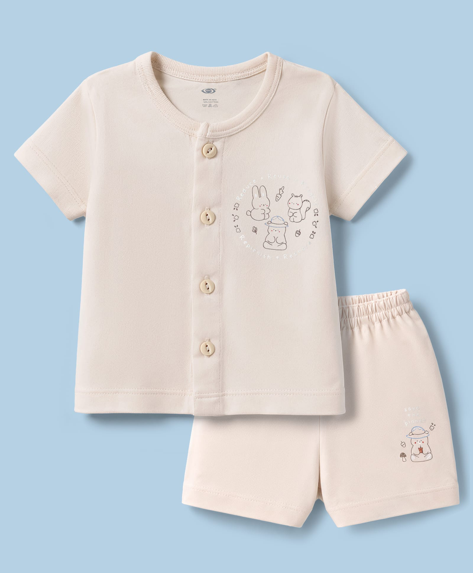 Zero Sinker Knit Half Sleeves T-Shirt & Shorts Night Suit With Animal Print - Beige-picture-18