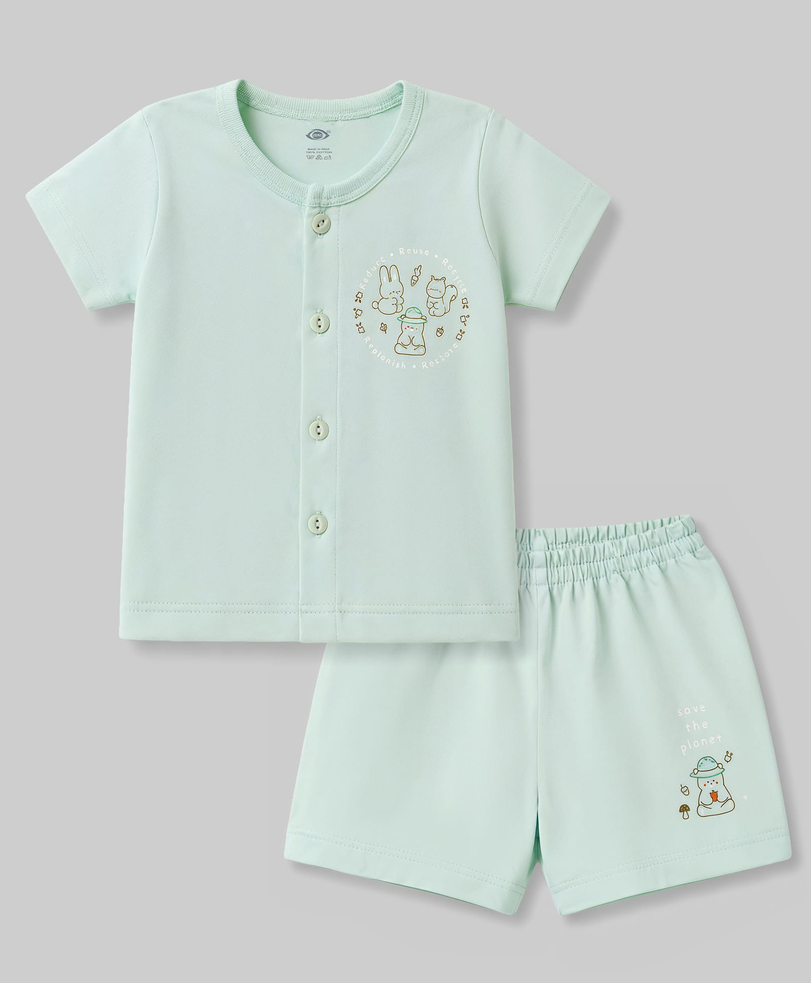 Zero Sinker Knit Half Sleeves T-Shirt & Shorts Night Suit With Animal Print - Mint-image-35