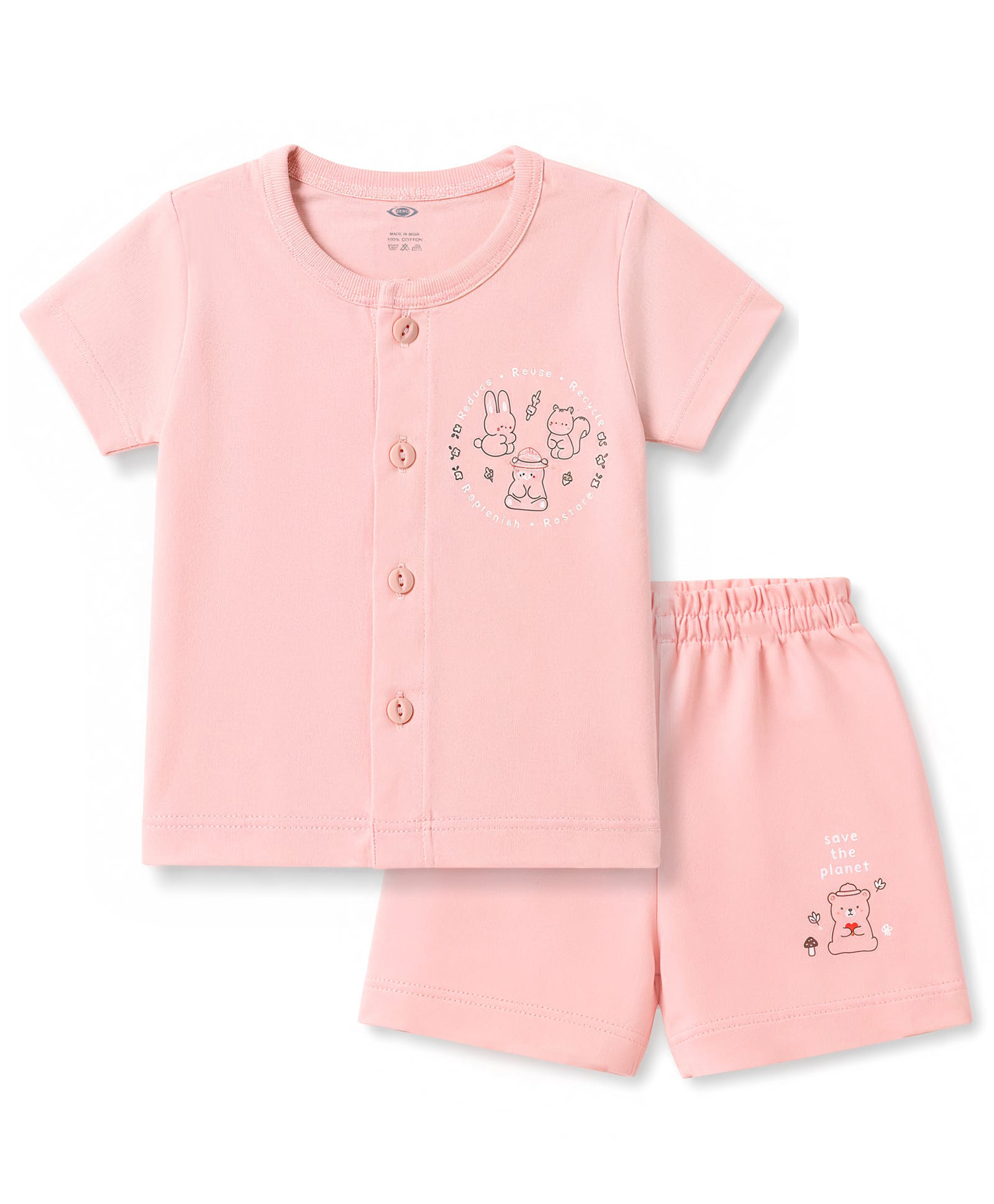 Zero Sinker Knit Half Sleeves T-Shirt & Shorts Night Suit With Animal Print - Peach-picture-5