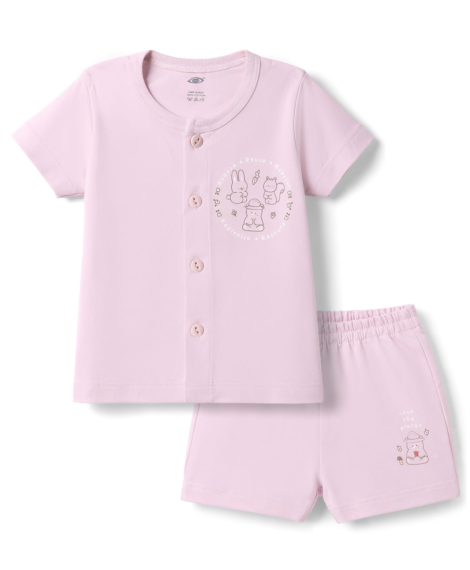 Zero Sinker Knit Half Sleeves T-Shirt & Shorts Night Suit With Animal Print - Lilac-image-22