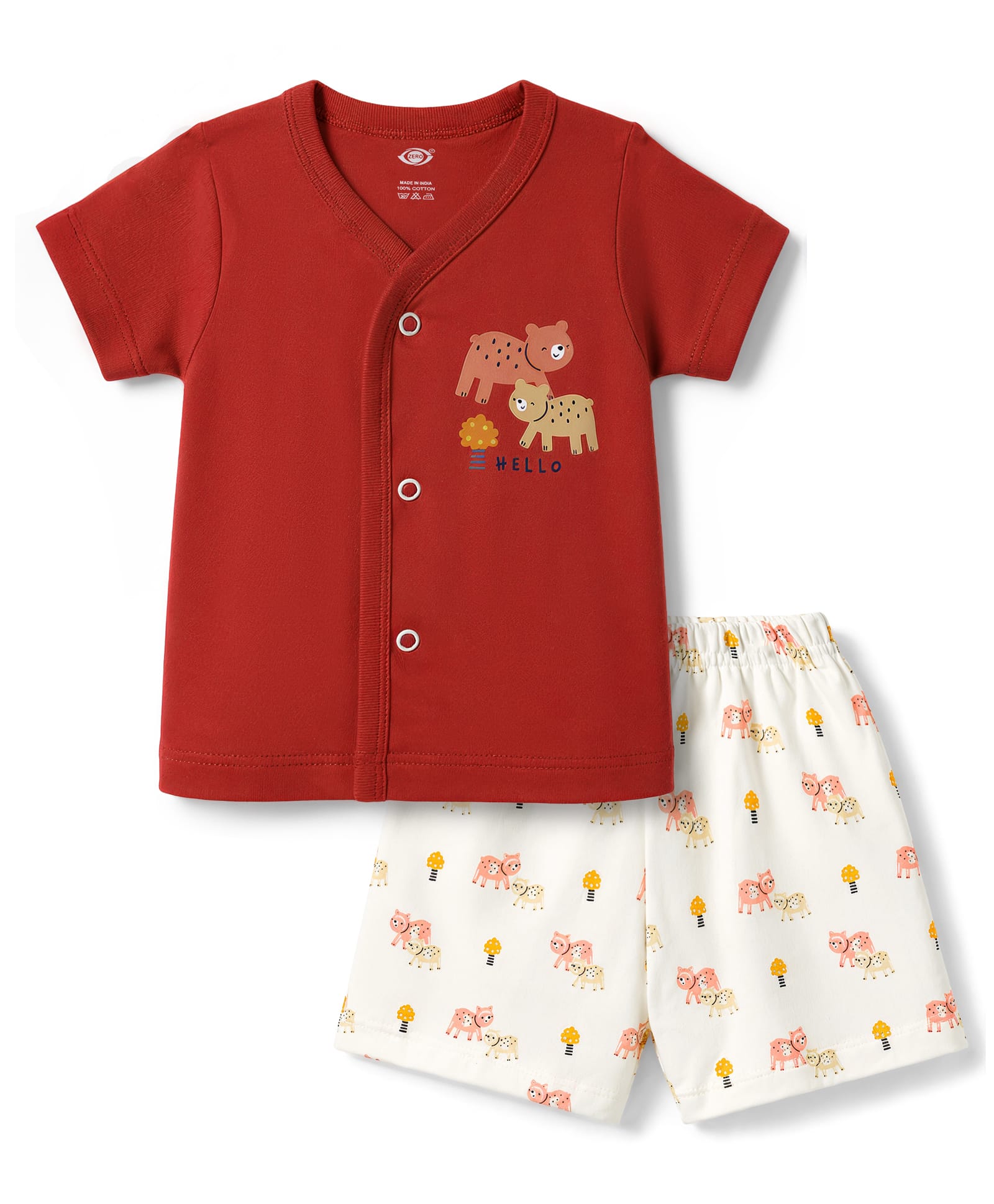 Zero Sinker Knit Half Sleeves T-Shirt & Shorts Night Suit With Animal Print - Red & White-picture-14