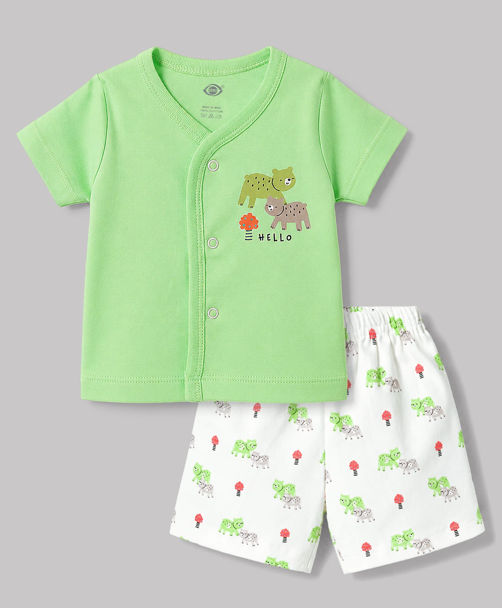Zero Sinker Knit Half Sleeves T-Shirt & Shorts Night Suit With Animal Print - Green & White-picture-45