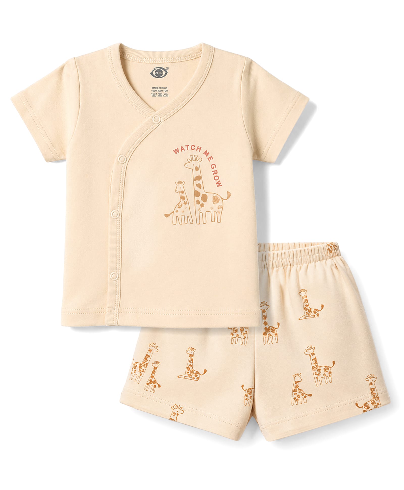 Zero Sinker Knit Half Sleeves T-Shirt & Shorts Night Suit With Giraffe Print - Beige-picture-15