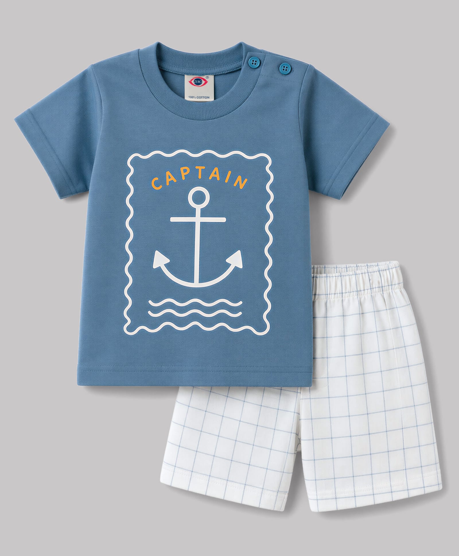 Zero Sinker Knit Half Sleeves T-Shirt & Checks Shorts Night Suit With Nautical Print - Light Blue-image-48