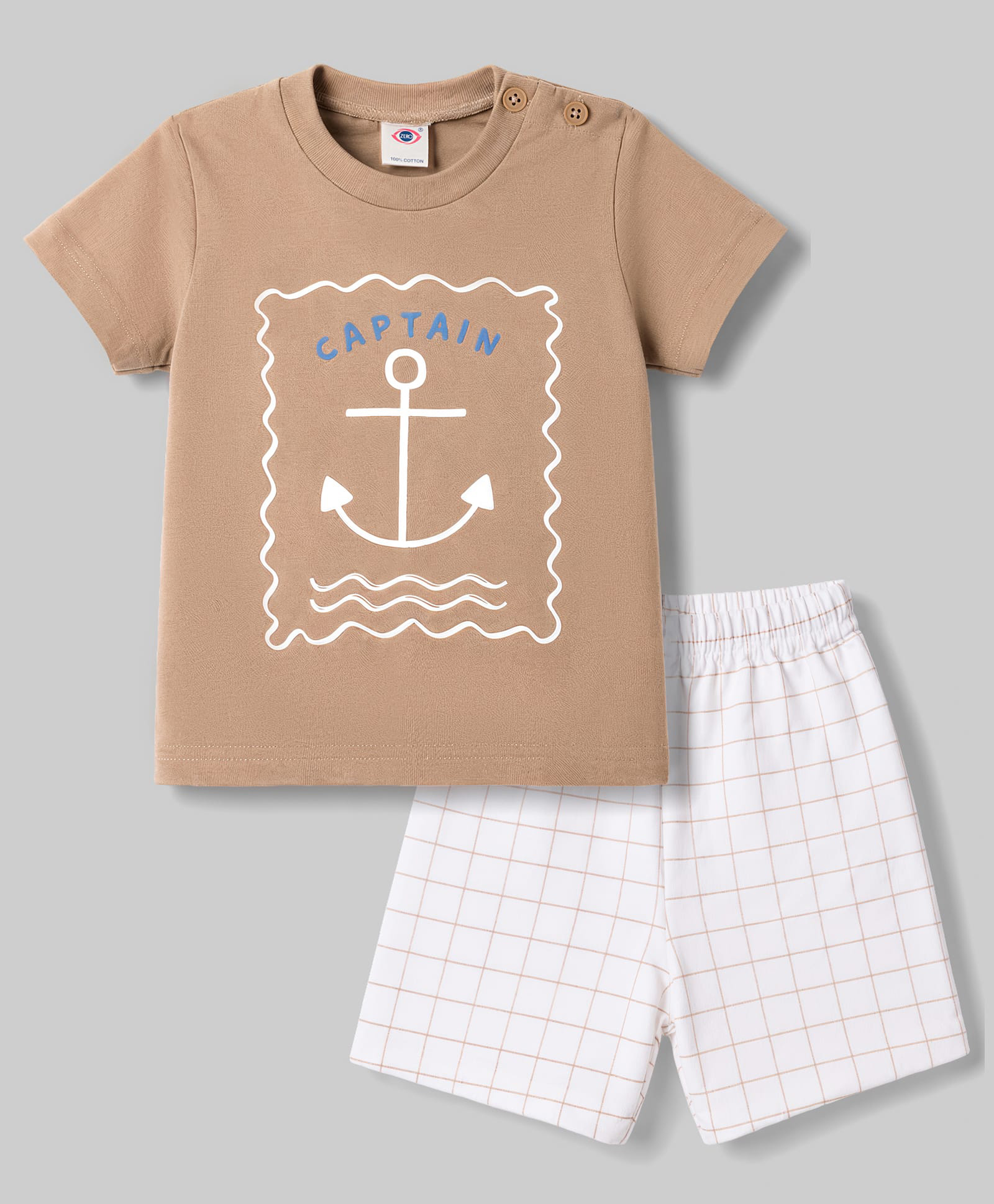 Zero Sinker Knit Half Sleeves T-Shirt & Shorts Night Suit With Nautical & Checks Print - Light Brown-picture-13