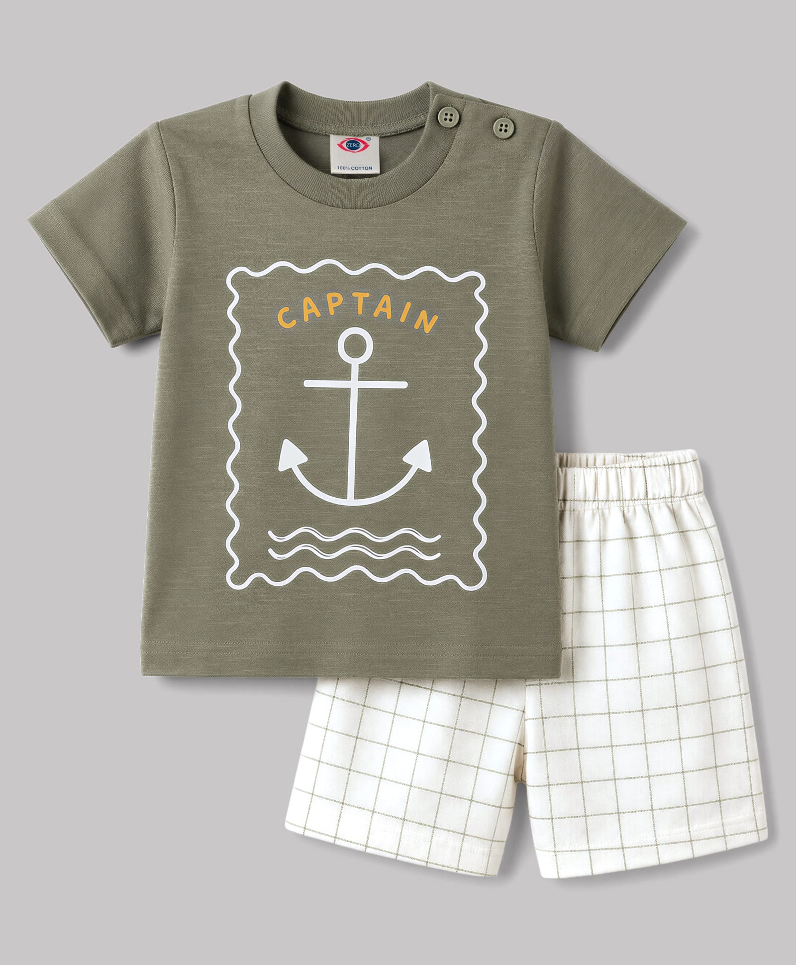 Zero Sinker Knit Half Sleeves T-Shirt & Shorts Night Suit With Nautical & Checks Print - Olive Green-image-44