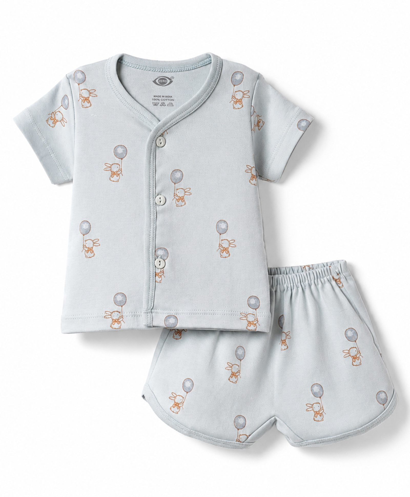 Zero Sinker Knit Half Sleeves T-Shirt & Shorts Night Suit With Bunny Print - Silver-picture-28
