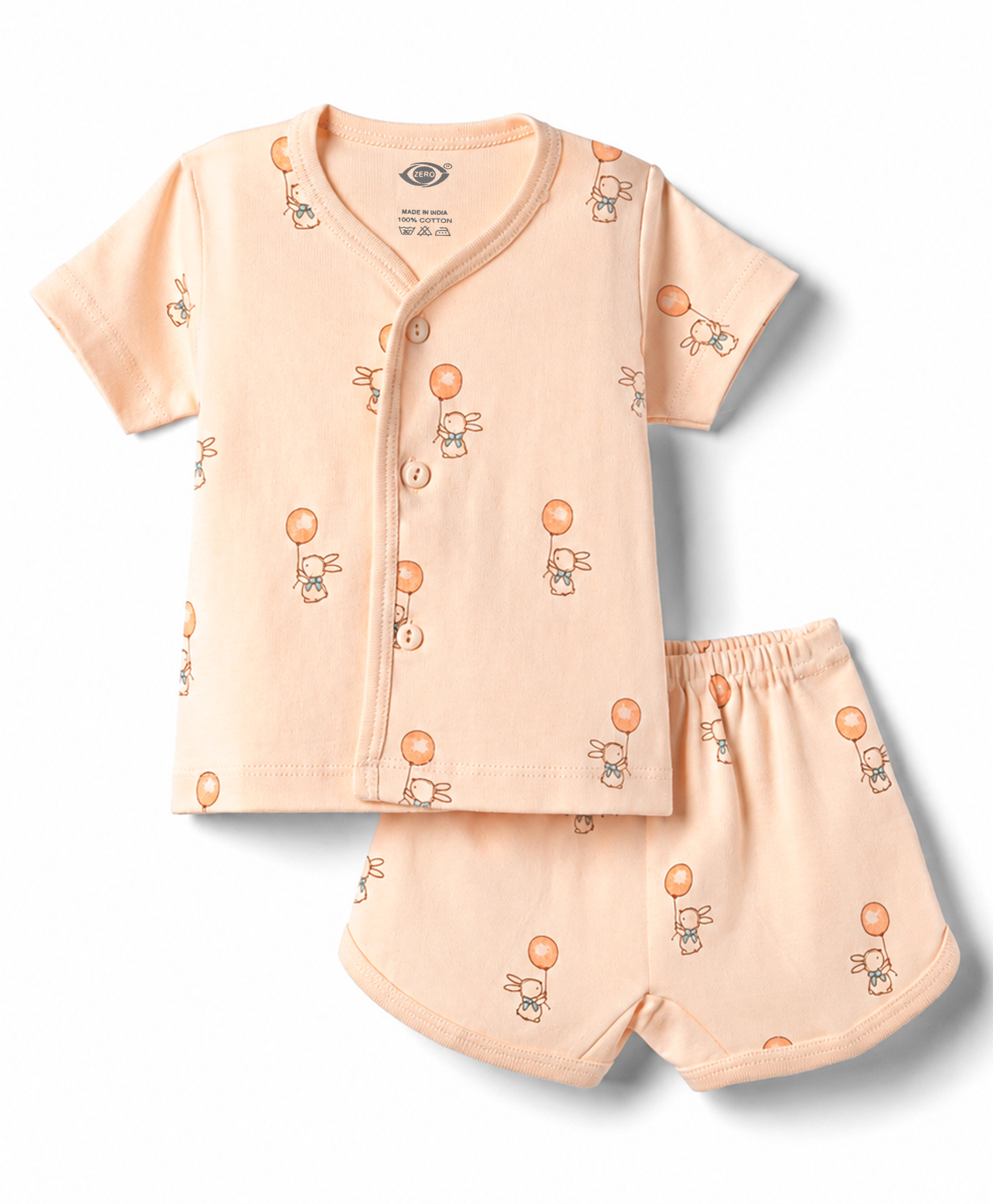 Zero Sinker Knit Half Sleeves T-Shirt & Shorts Night Suit With Bunny Print - Peach-picture-22