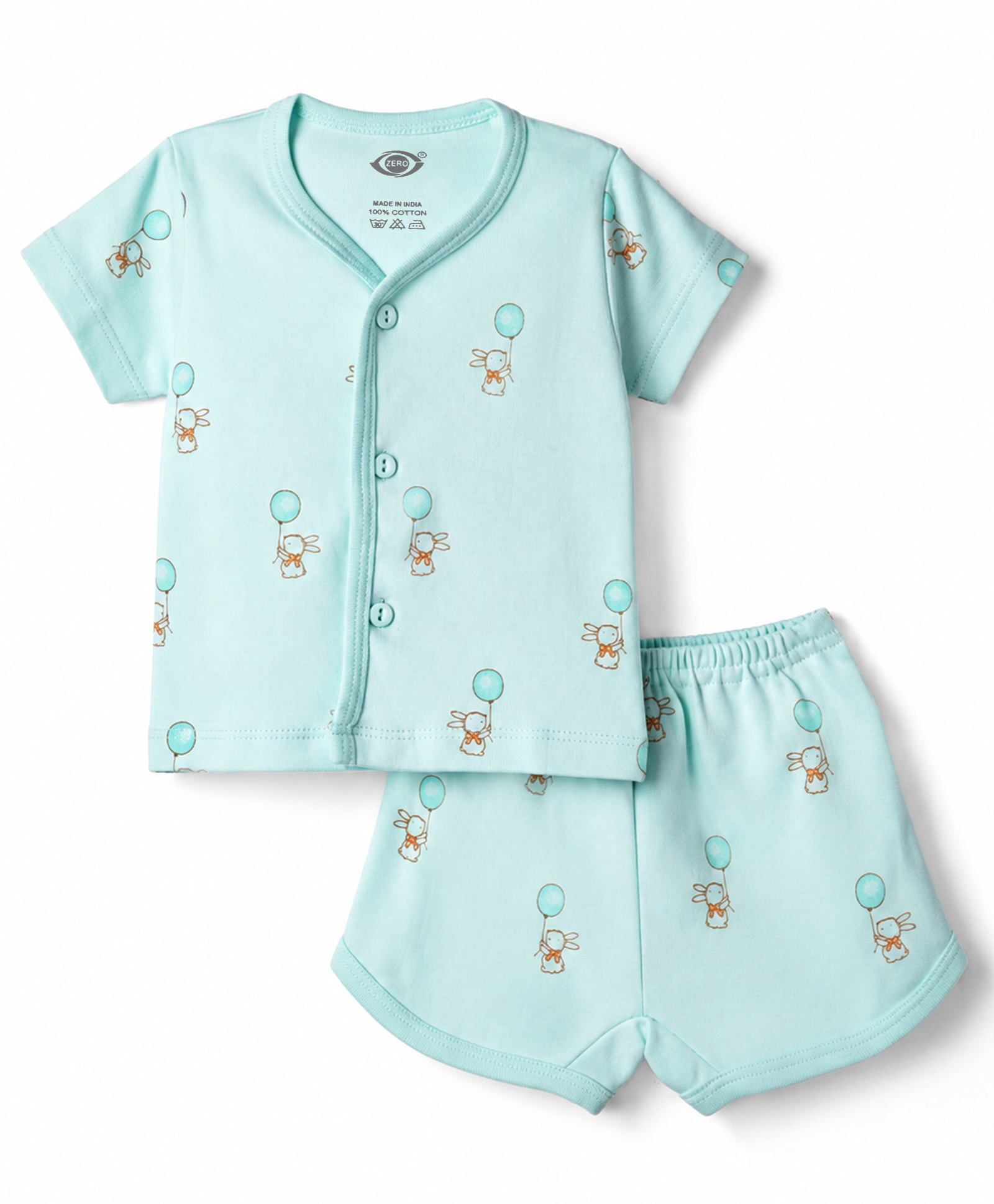 Zero Sinker Knit Half Sleeves T-Shirt & Shorts Night Suit With Bunny Print - Aqua Blue-picture-34