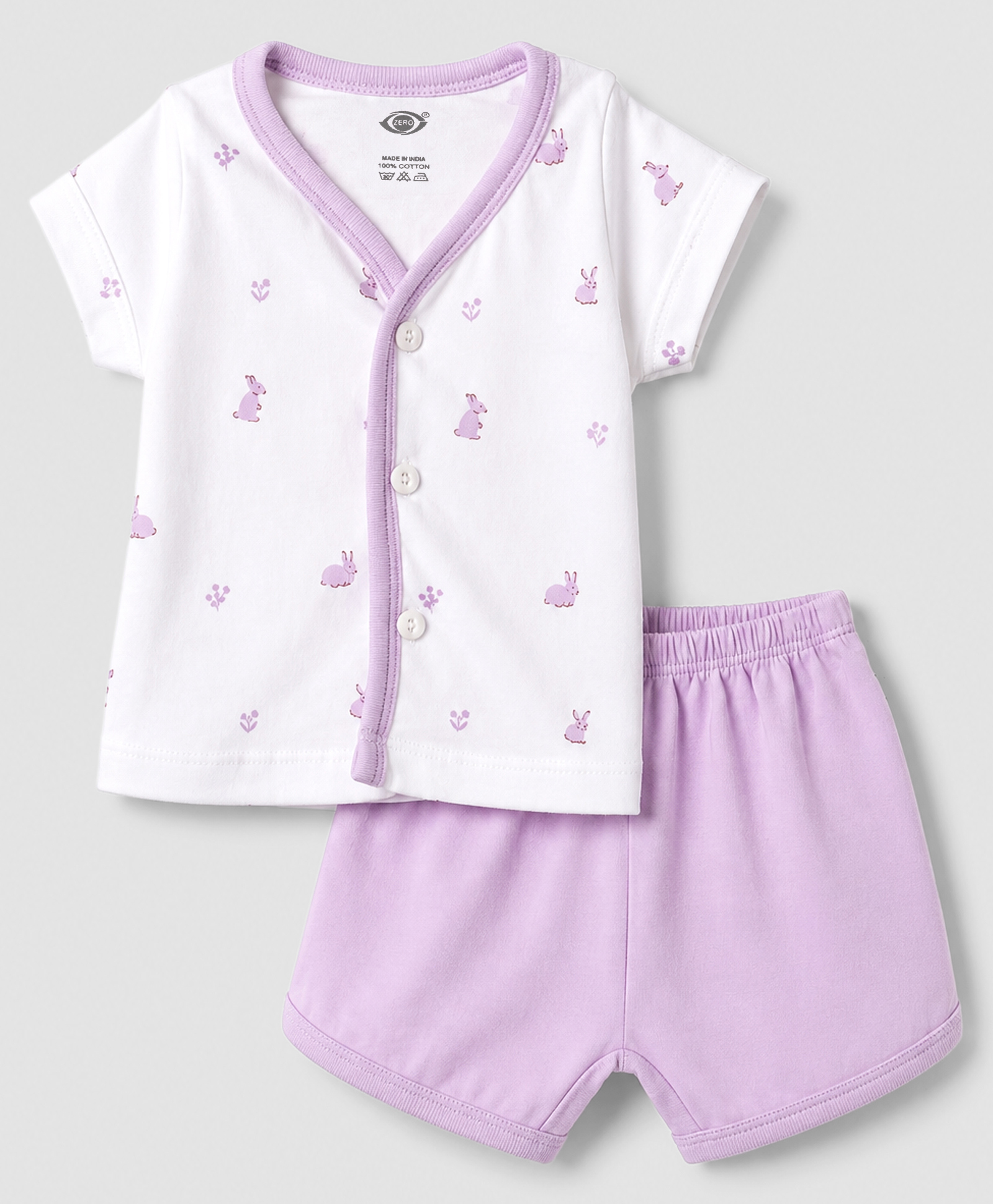 Zero Sinker Knit Half Sleeves T-Shirt & Shorts Night Suit With Bunny Print - Lilac-picture-7