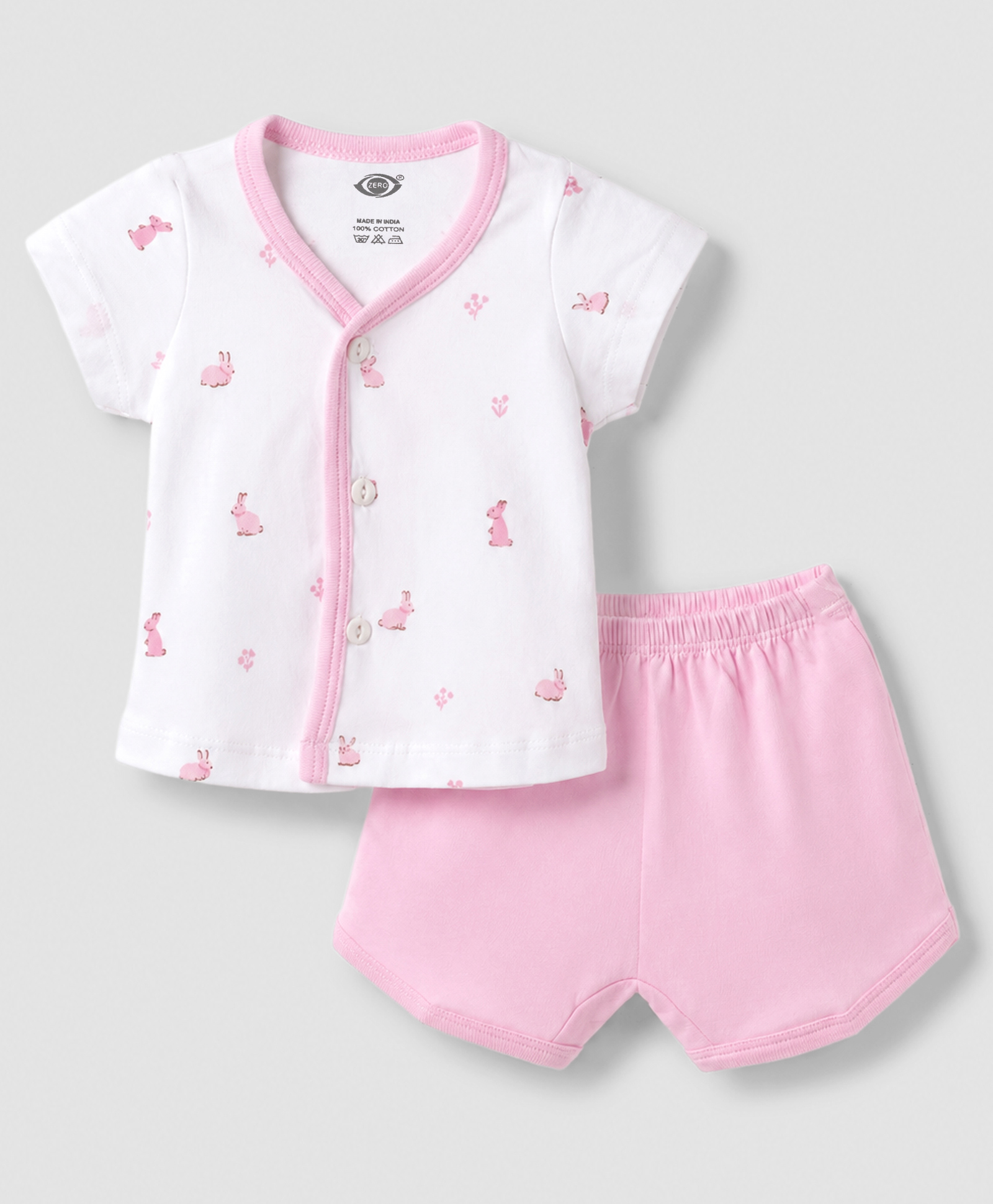 Zero Sinker Knit Half Sleeves T-Shirt & Shorts Night Suit With Bunny Print - Pink-picture-32