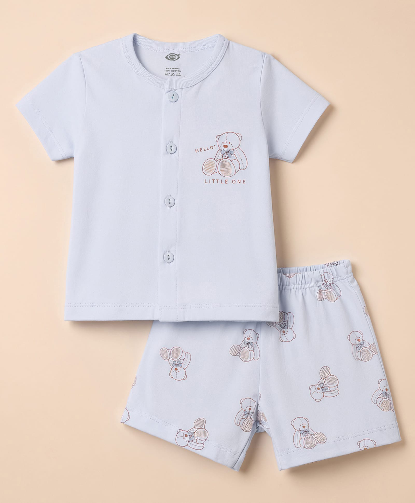 Zero Sinker Knit Half Sleeves T-Shirt & Shorts Night Suit With Teddy Bear Print - Light Blue-picture-25