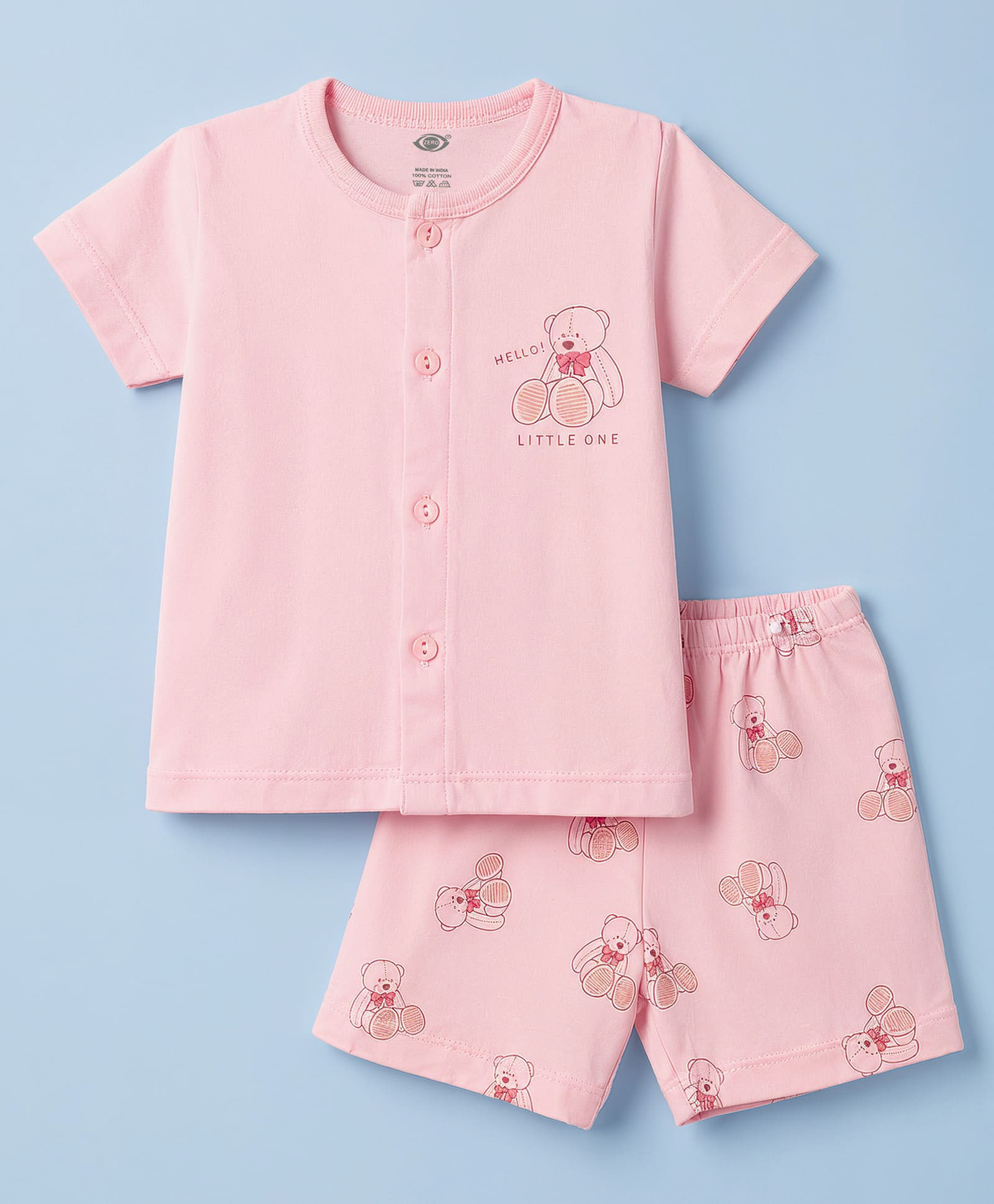 Zero Sinker Knit Half Sleeves T-Shirt & Shorts Night Suit With Teddy Bear Print - Pink-picture-36