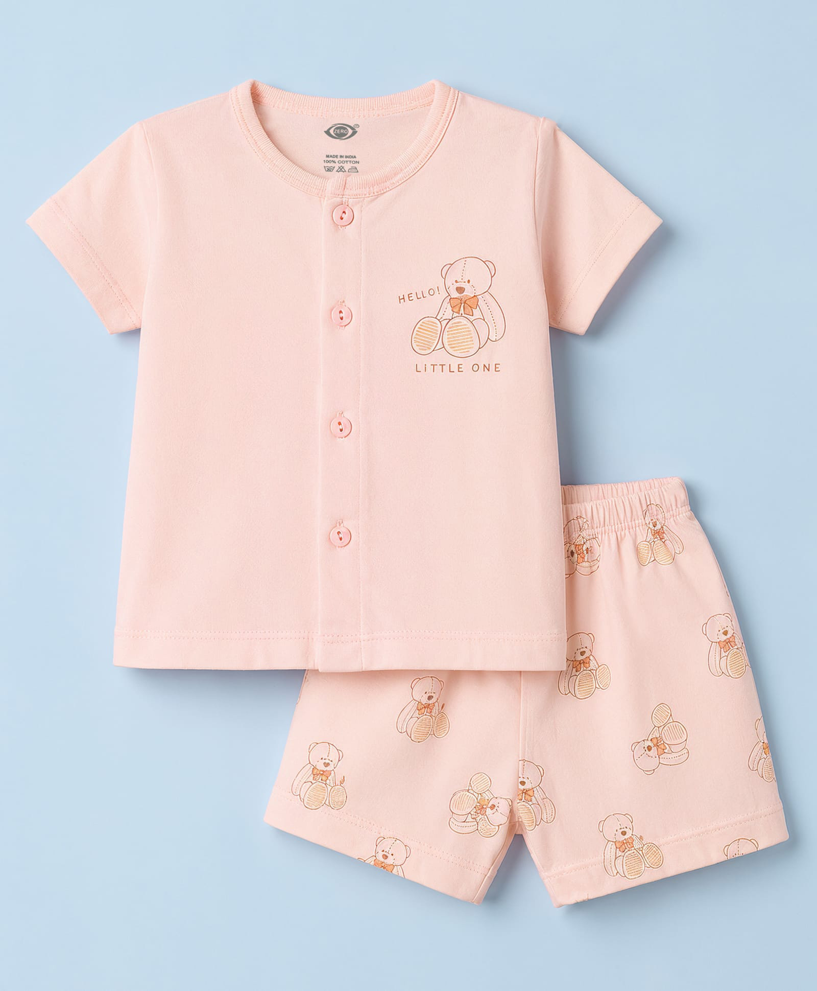 Zero Sinker Knit Half Sleeves T-Shirt & Shorts Night Suit With Teddy Bear Print - Peach-picture-12