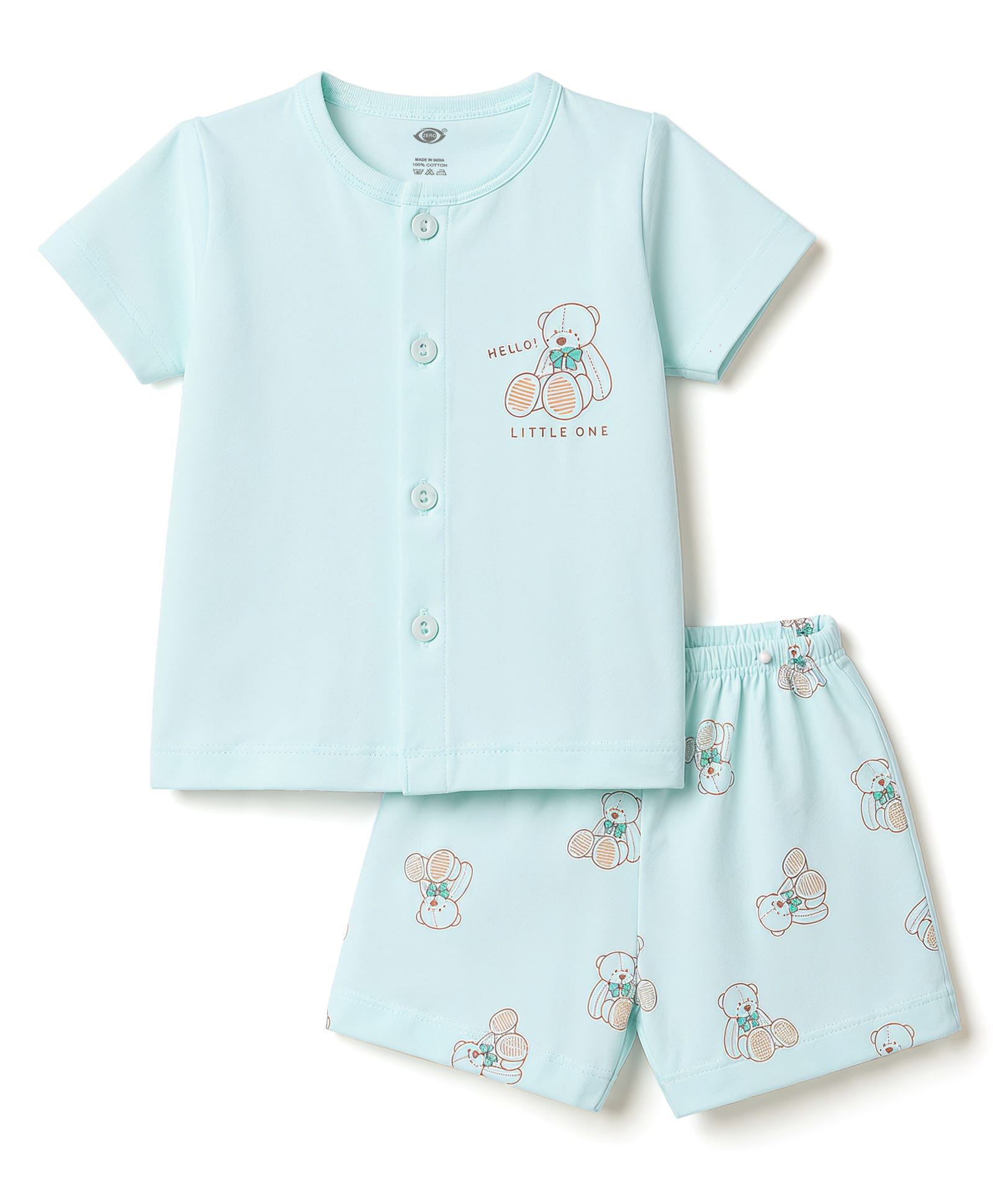 Zero Sinker Knit Half Sleeves T-Shirt & Shorts Night Suit With Teddy Bear Print - Aqua Blue-picture-28
