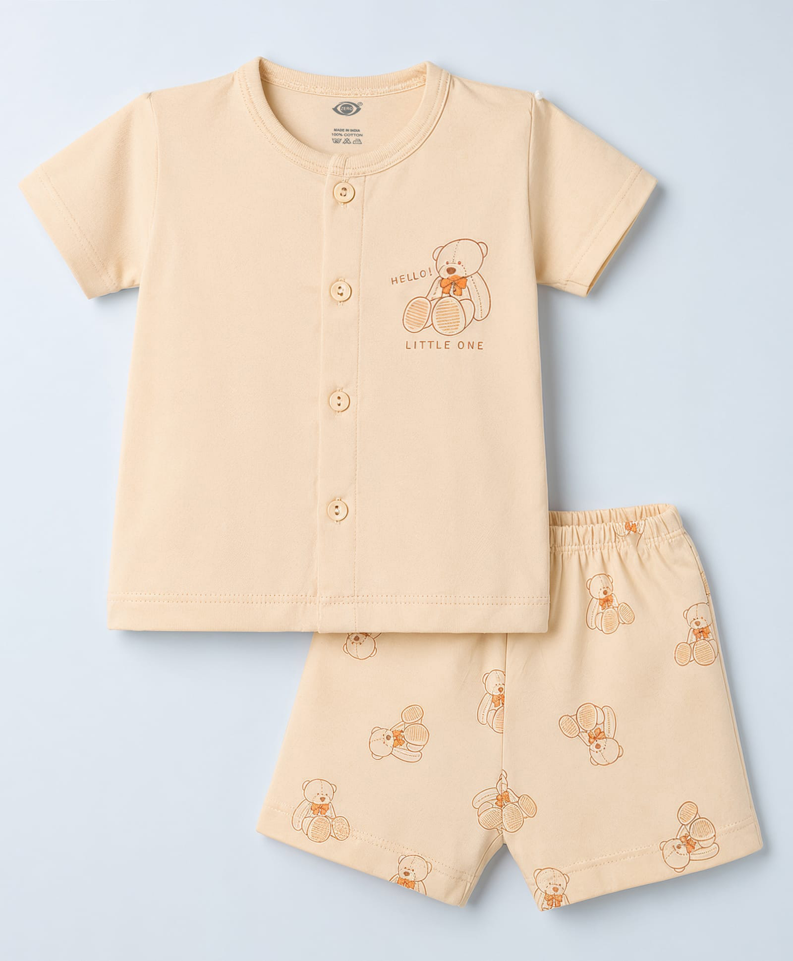 Zero Sinker Knit Half Sleeves T-Shirt & Shorts Night Suit With Teddy Bear Print - Beige-picture-6
