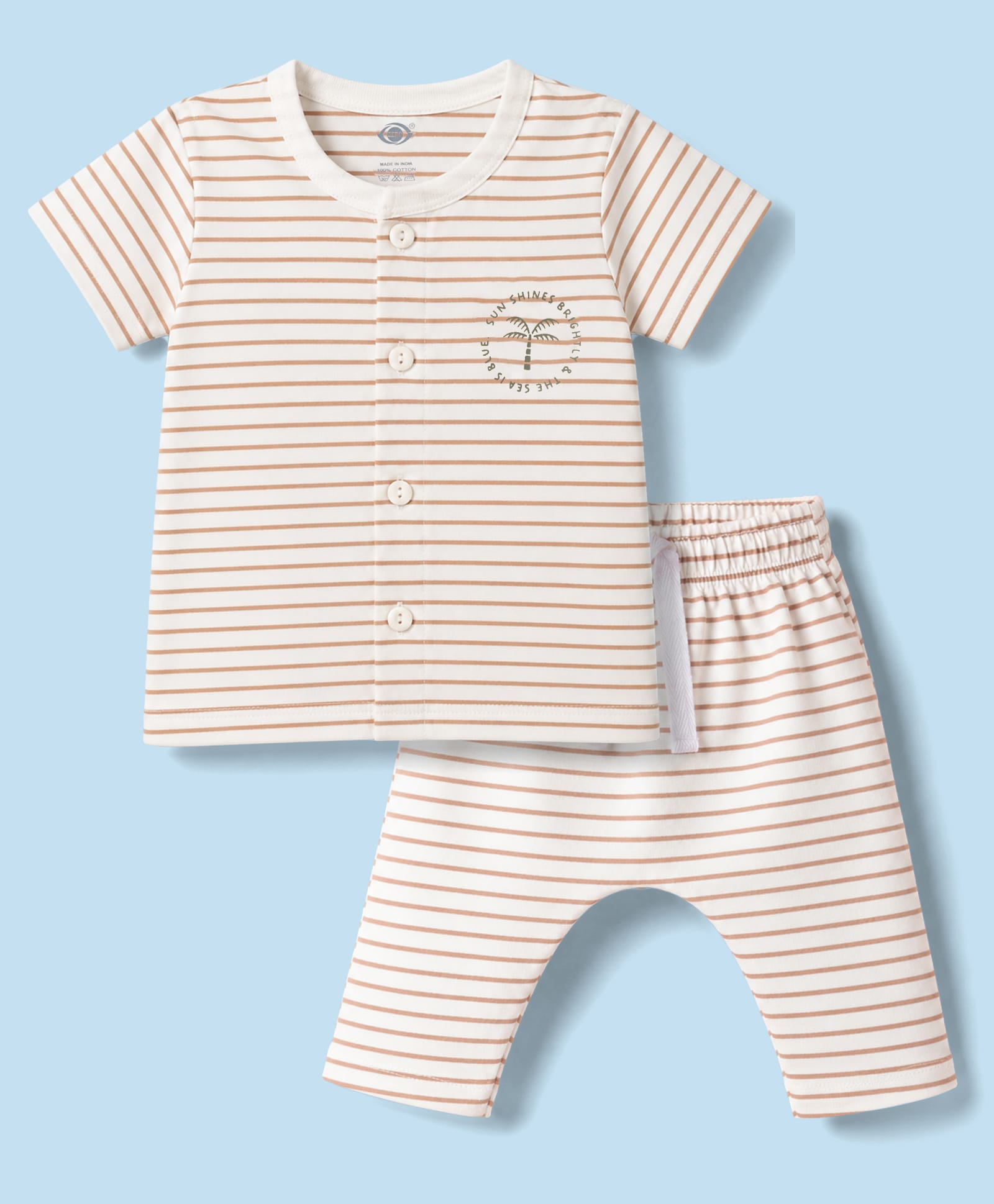 Zero Knitted Knit Half Sleeves Striped T-Shirt & Pyjama Night Suit With Palm Tree Print - Light Orange-picture-11