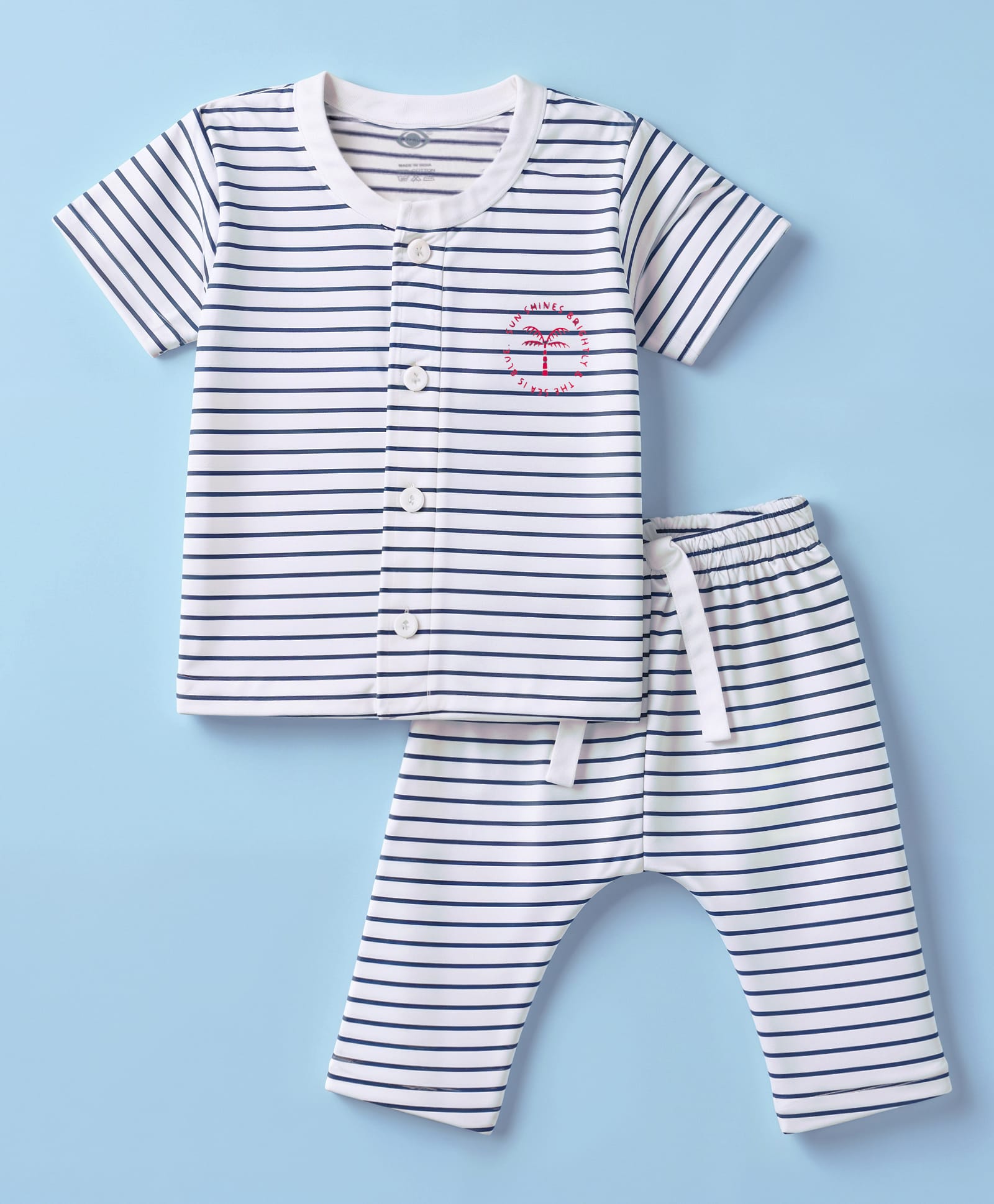 Zero Knitted Knit Half Sleeves Striped T-Shirt & Pyjama Night Suit With Palm Tree Print - Blue-picture-7