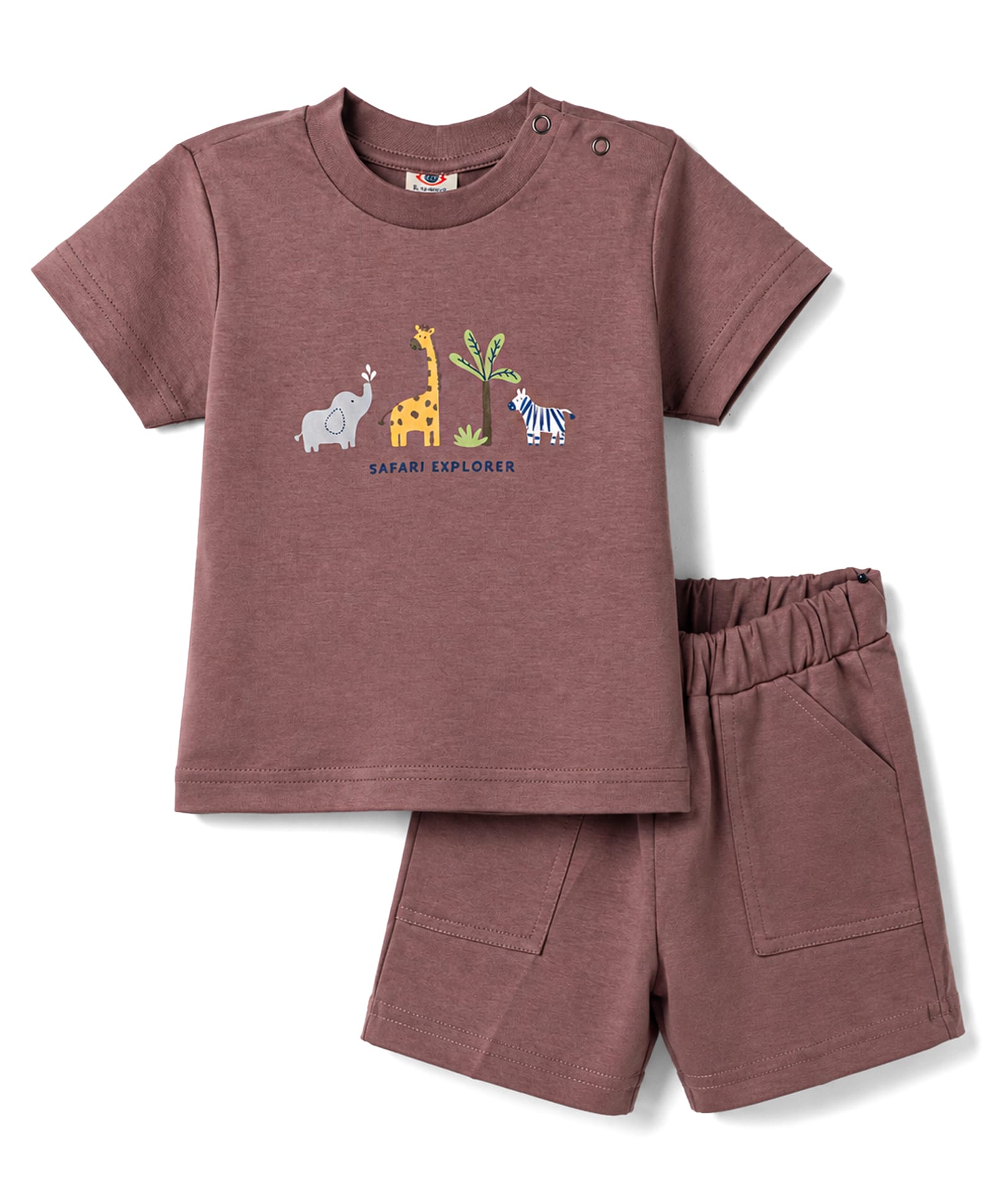 Zero Sinker Knit Half Sleeves T-Shirt & Shorts Set With Animal Print - Wine-picture-9