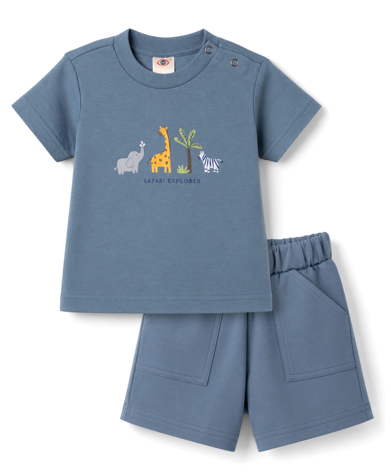 Zero Sinker Knit Half Sleeves T-Shirt & Shorts Set With Animal Print - Blue-picture-10