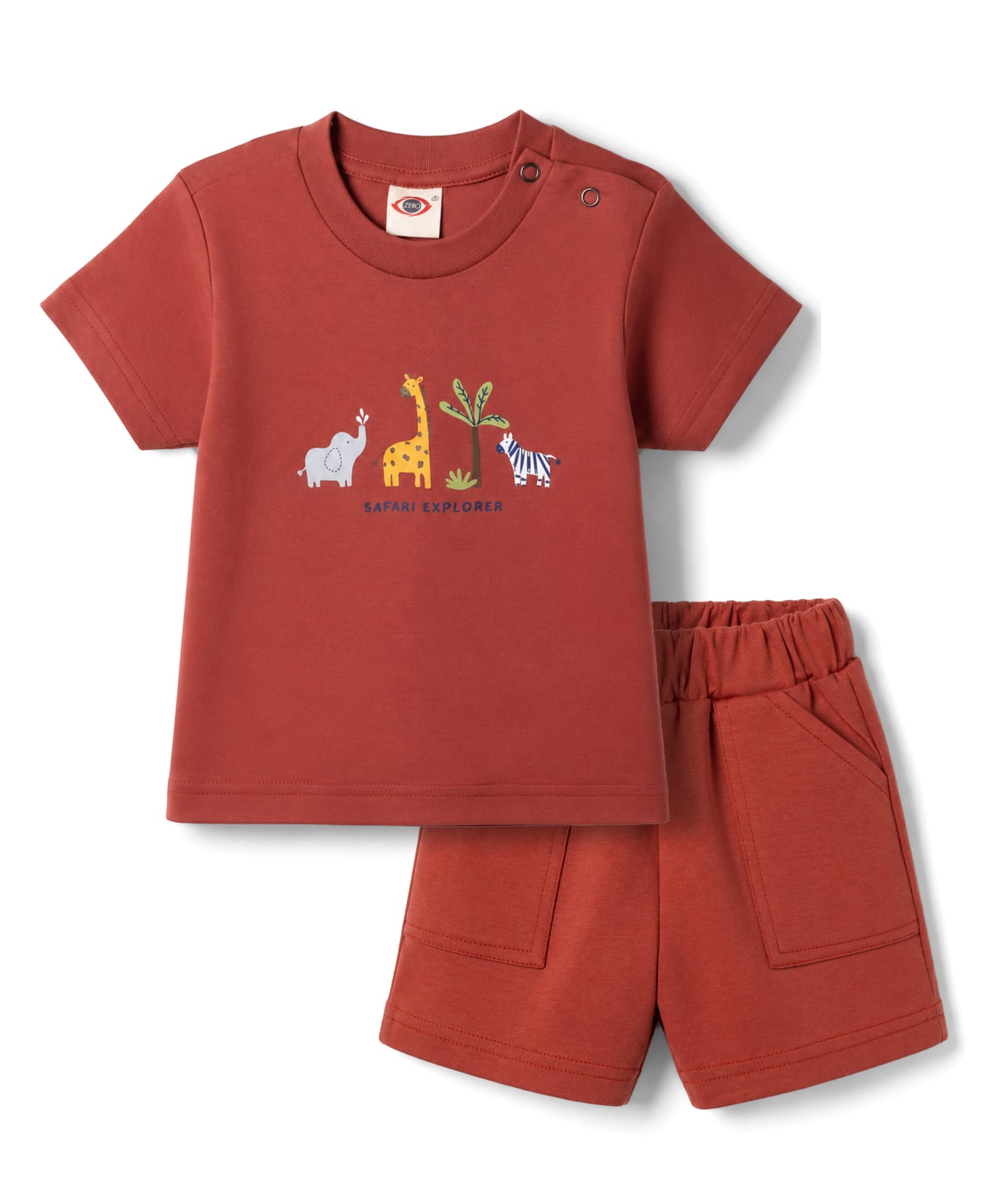 Zero Sinker Knit Half Sleeves T-Shirt & Shorts Set With Animal Print - Red-picture-25