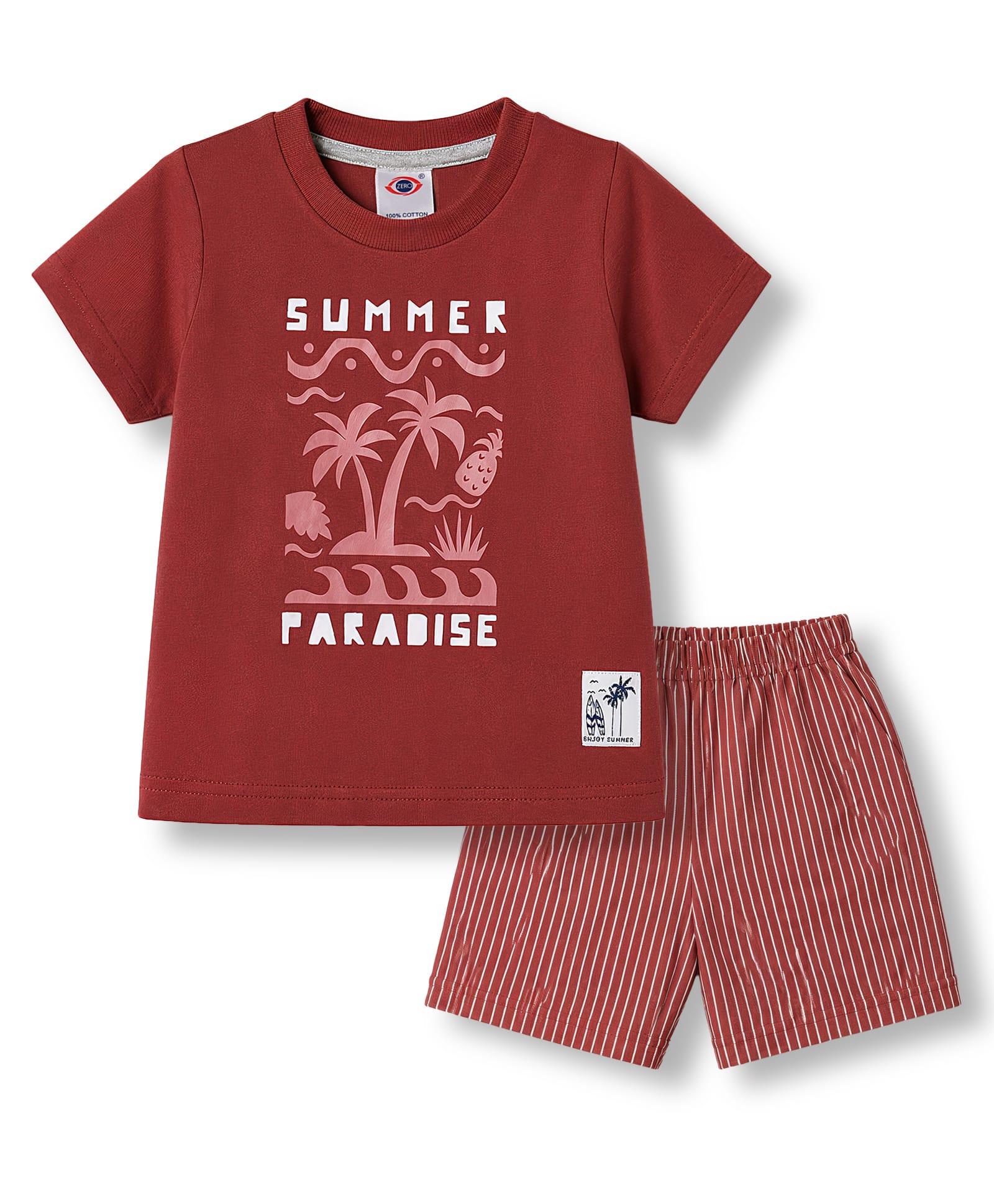Zero Sinker Knit Half Sleeves T-Shirt & Striped Shorts Set With Tropical Print - Red-picture-15