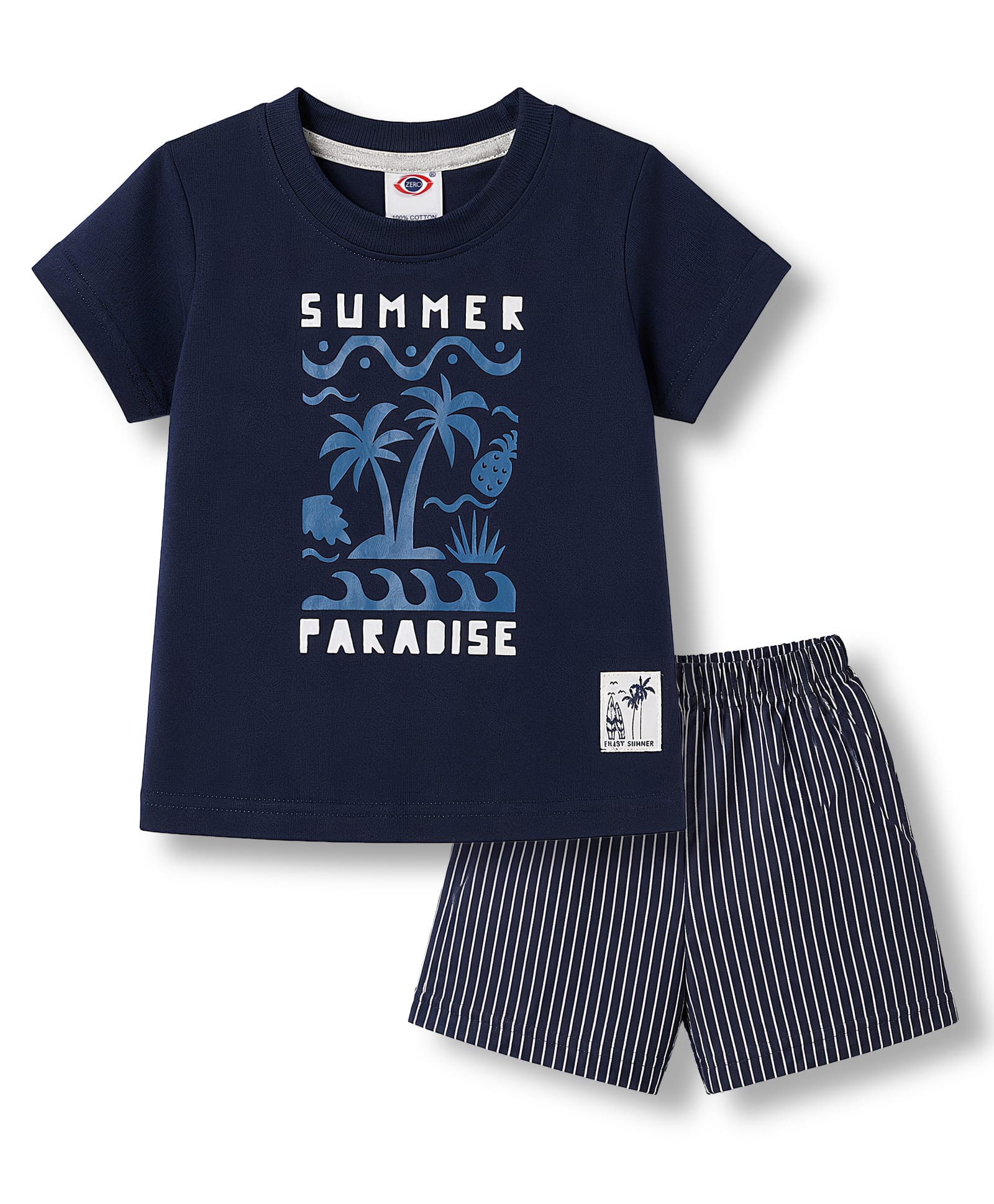 Zero Sinker Knit Half Sleeves T-Shirt & Striped Shorts Set With Tropical Print - Navy Blue-picture-27