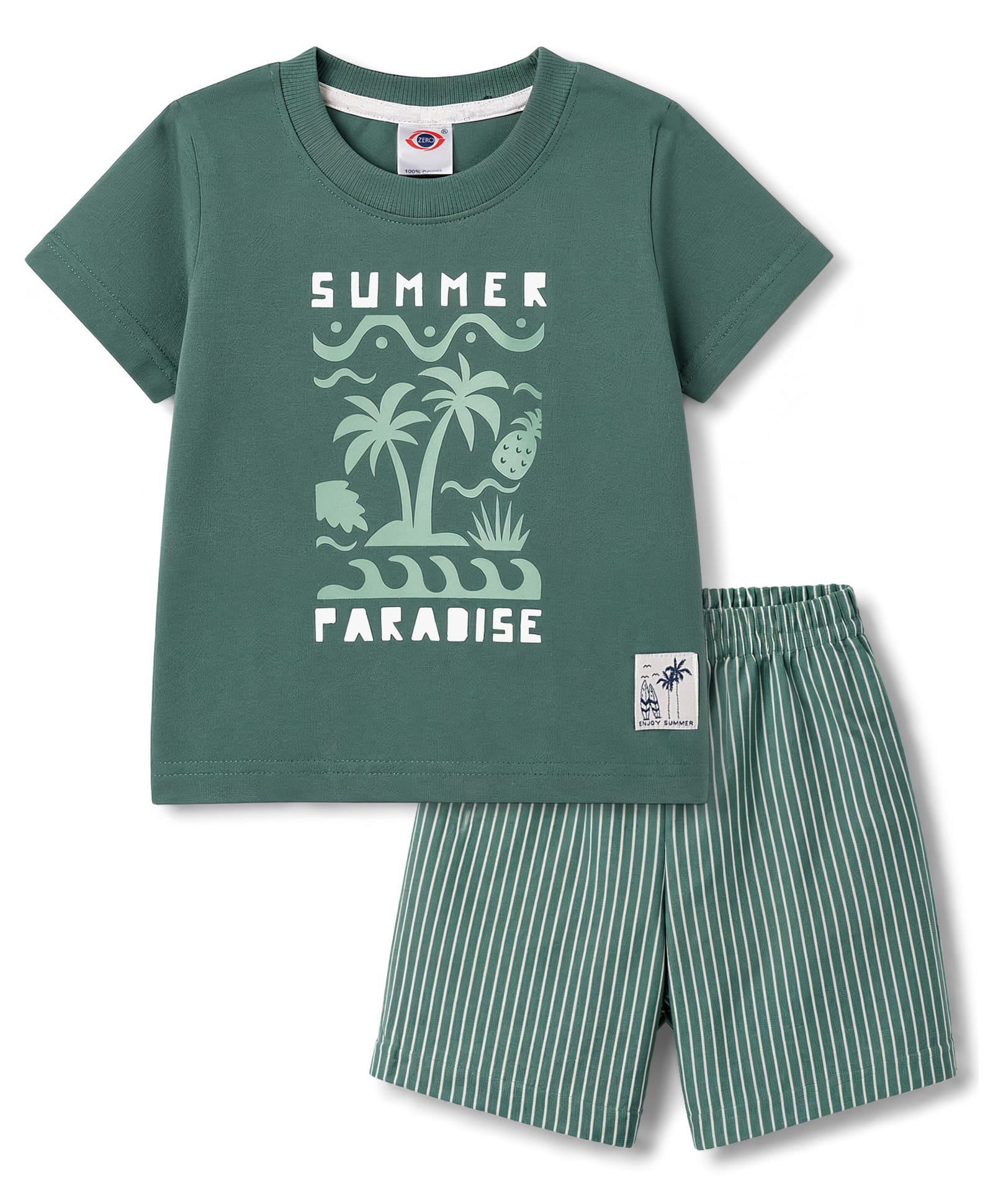 Zero Sinker Knit Half Sleeves T-Shirt & Striped Shorts Set With Tropical Print - Green-image-37