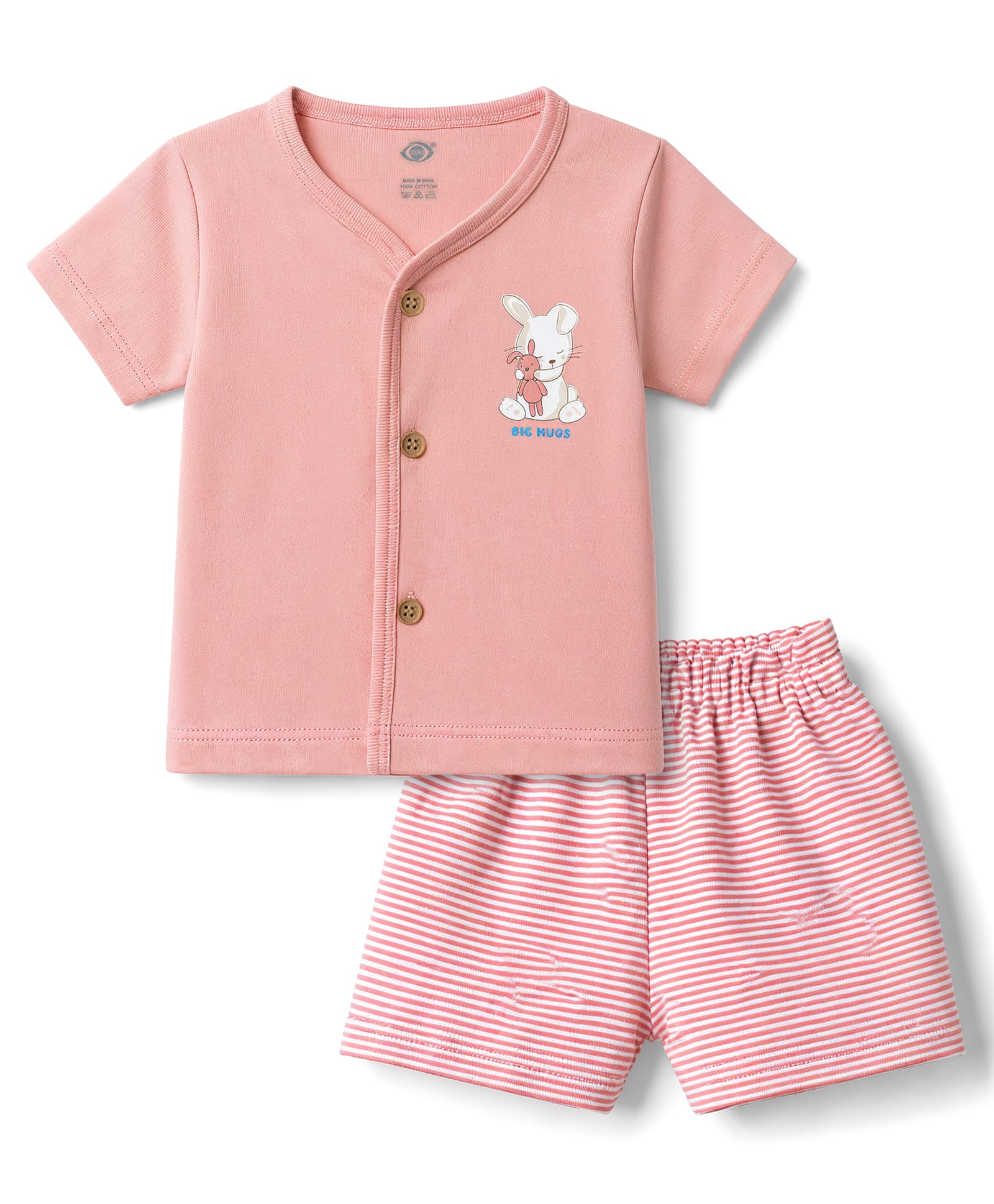Zero Sinker Knit Half Sleeves T-Shirt & Striped Shorts Night Suit With Bunny Print - Baby Pink-picture-8