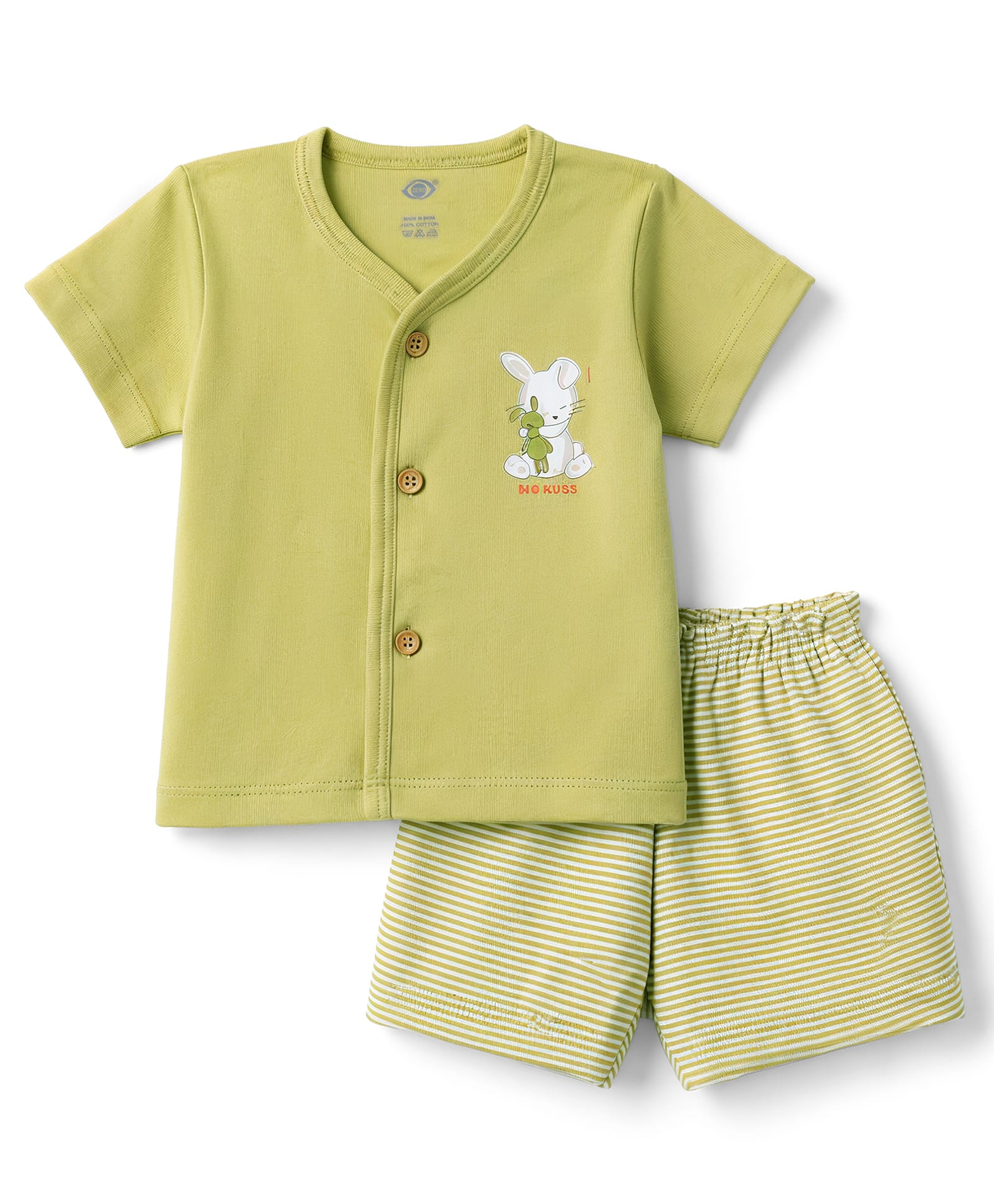 Zero Sinker Knit Half Sleeves T-Shirt & Striped Shorts Night Suit With Bunny Print - Olive Green-image-34