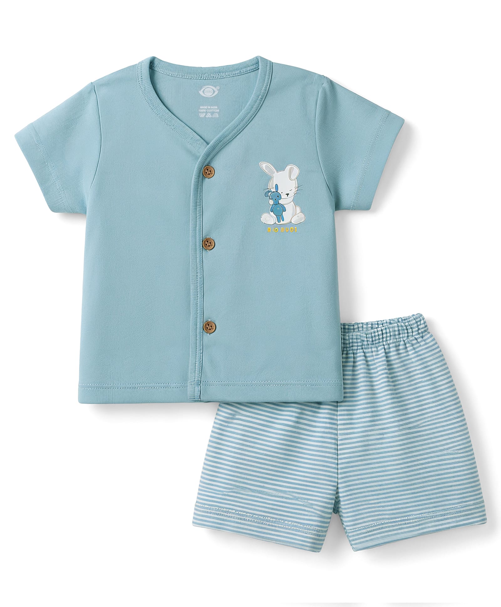 Zero Sinker Knit Half Sleeves T-Shirt & Striped Shorts Night Suit With Bunny Print - Light Blue-image-21