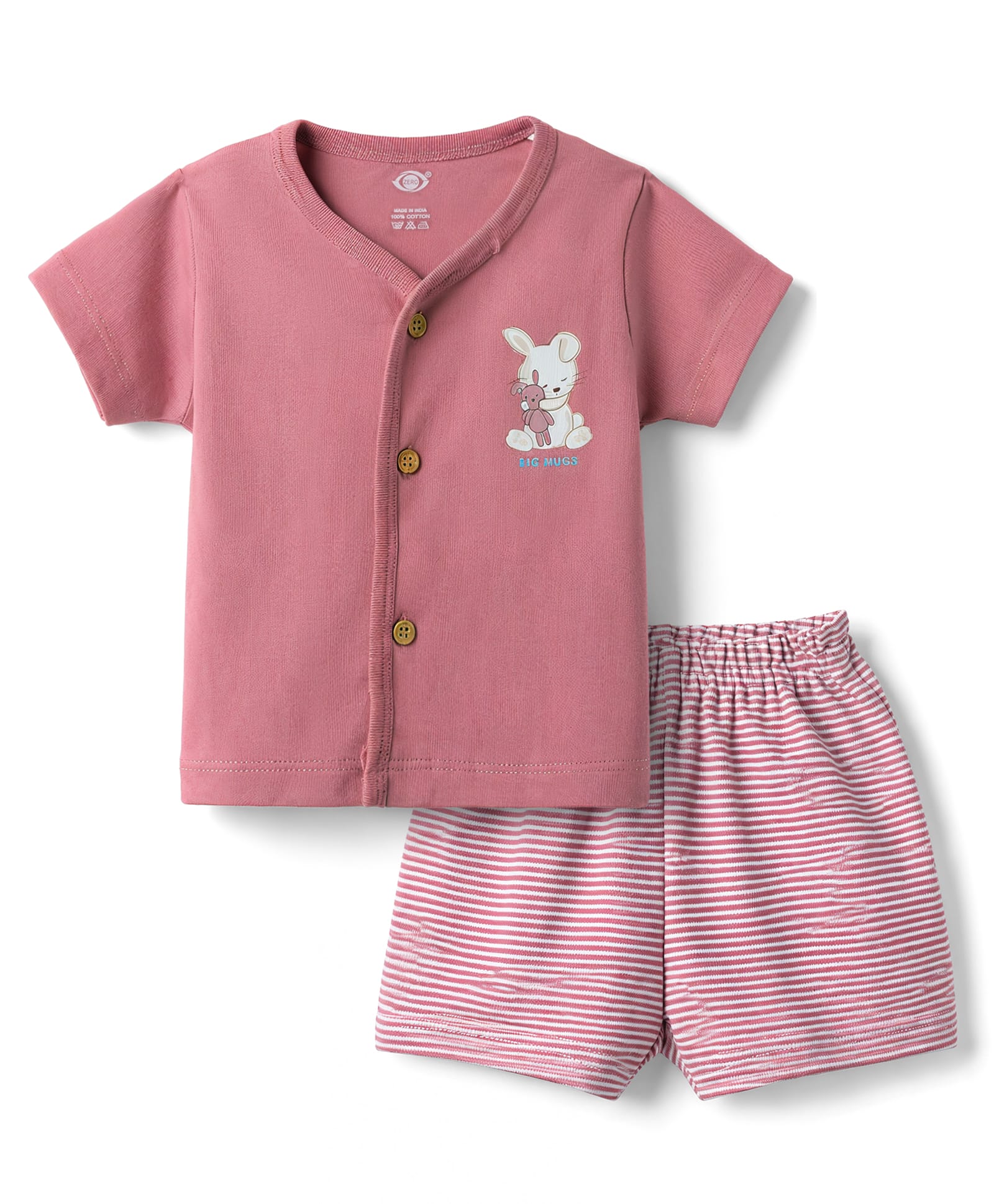 Zero Sinker Knit Half Sleeves T-Shirt & Striped Shorts Night Suit With Bunny Print - Pink-picture-14