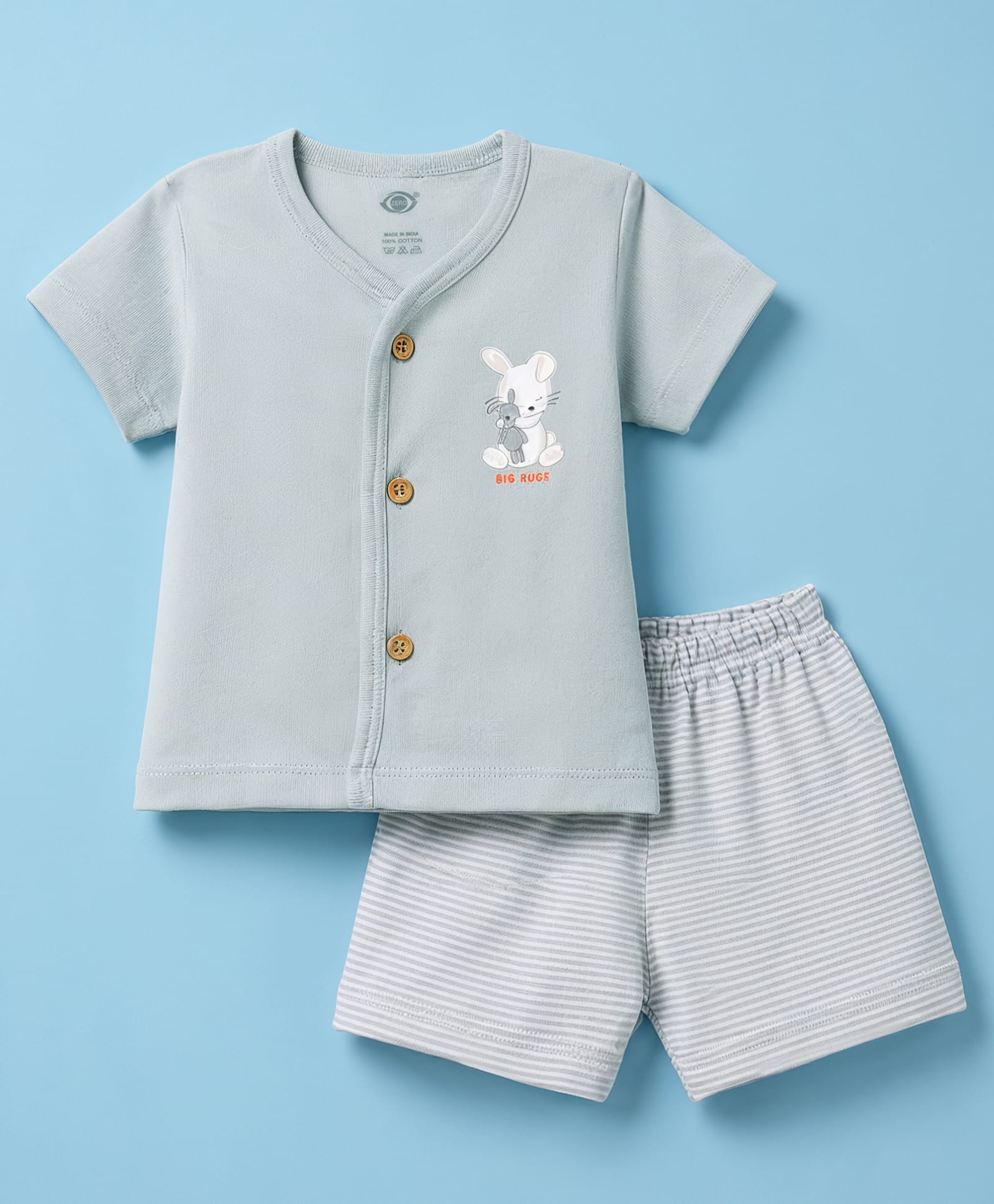 Zero Sinker Knit Half Sleeves T-Shirt & Striped Shorts Night Suit With Bunny Print - Silver-picture-41