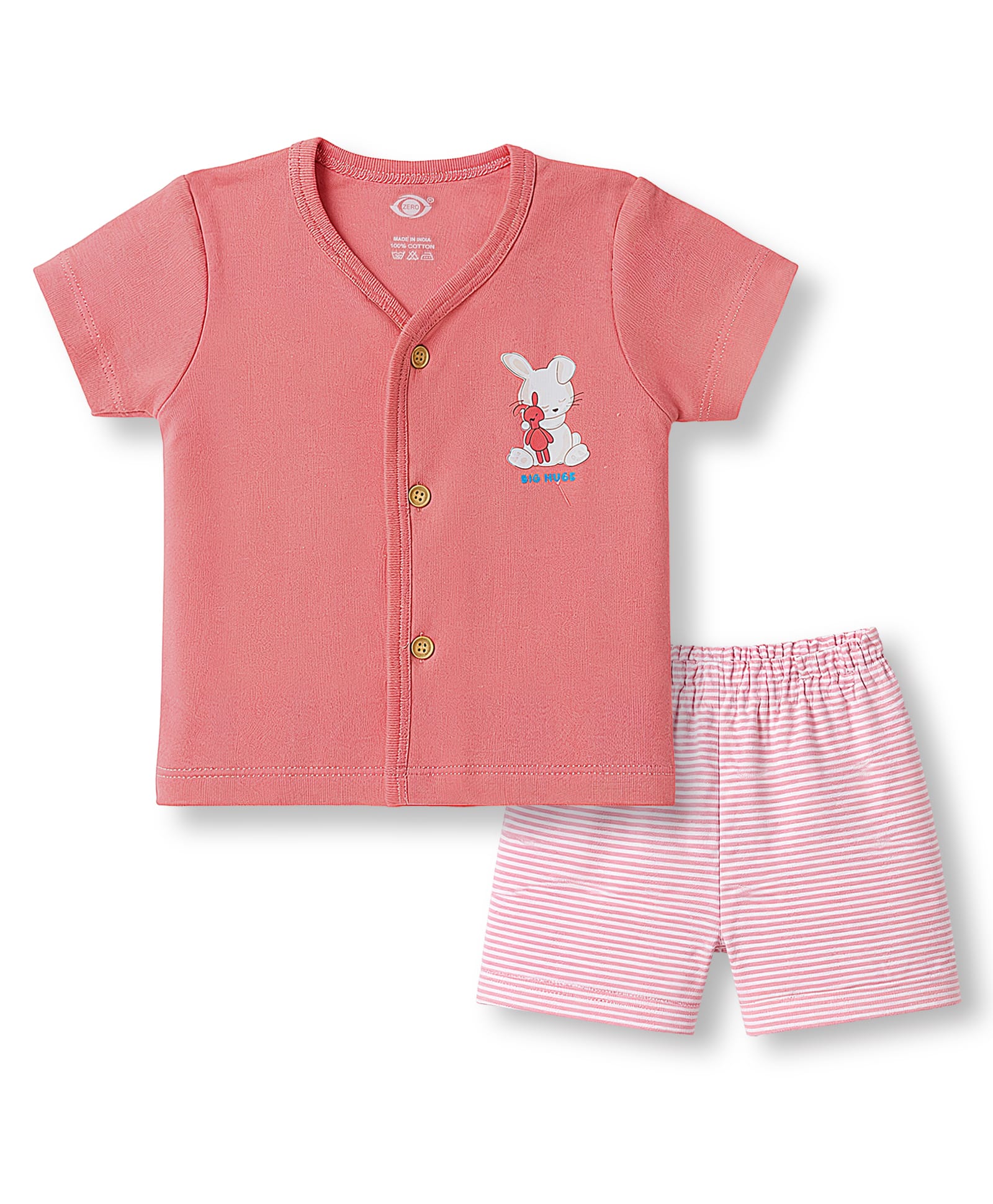 Zero Sinker Knit Half Sleeves T-Shirt & Striped Shorts Night Suit With Bunny Print - Dark Red-picture-35