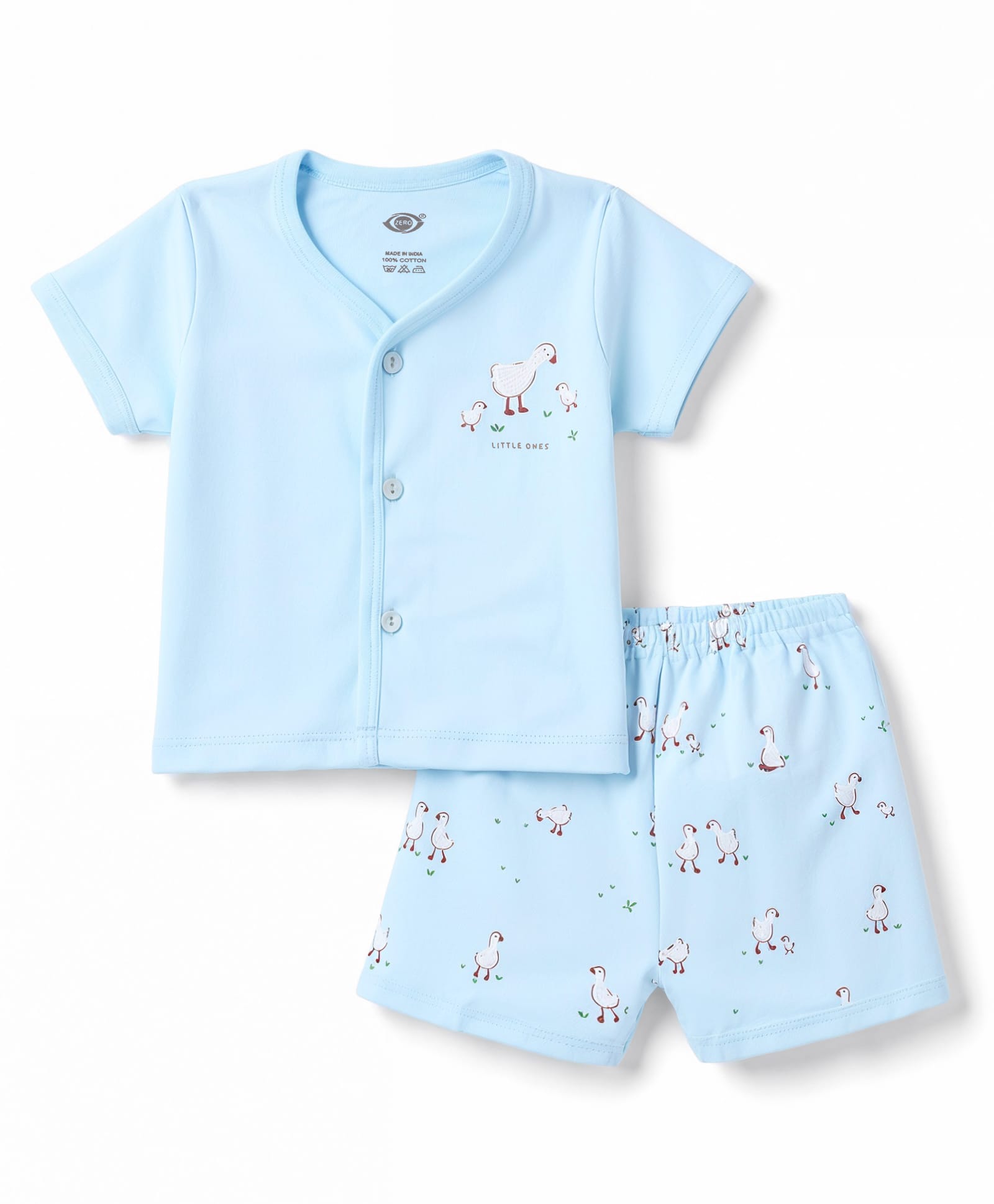 Zero Sniker Knit Half Sleeves T-Shirt & Shorts Night Suit With Birds Print - Aqua Blue-picture-1