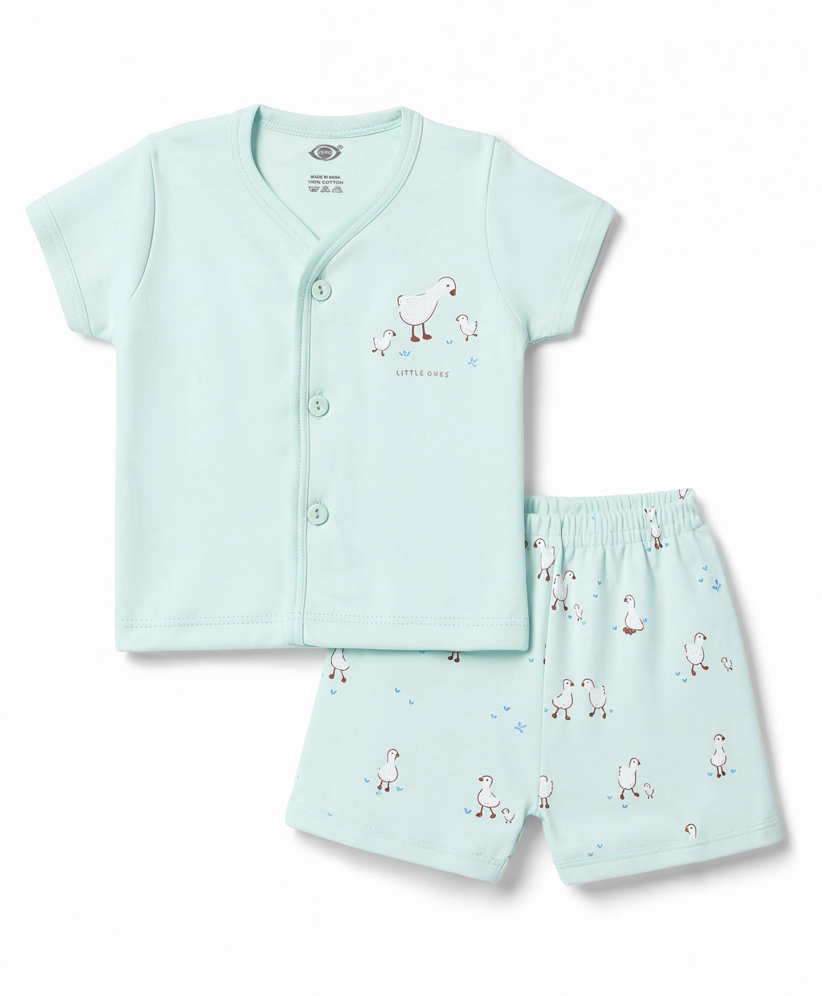 Zero Sniker Knit Half Sleeves T-Shirt & Shorts Night Suit With Birds Print - Sea Green-picture-13