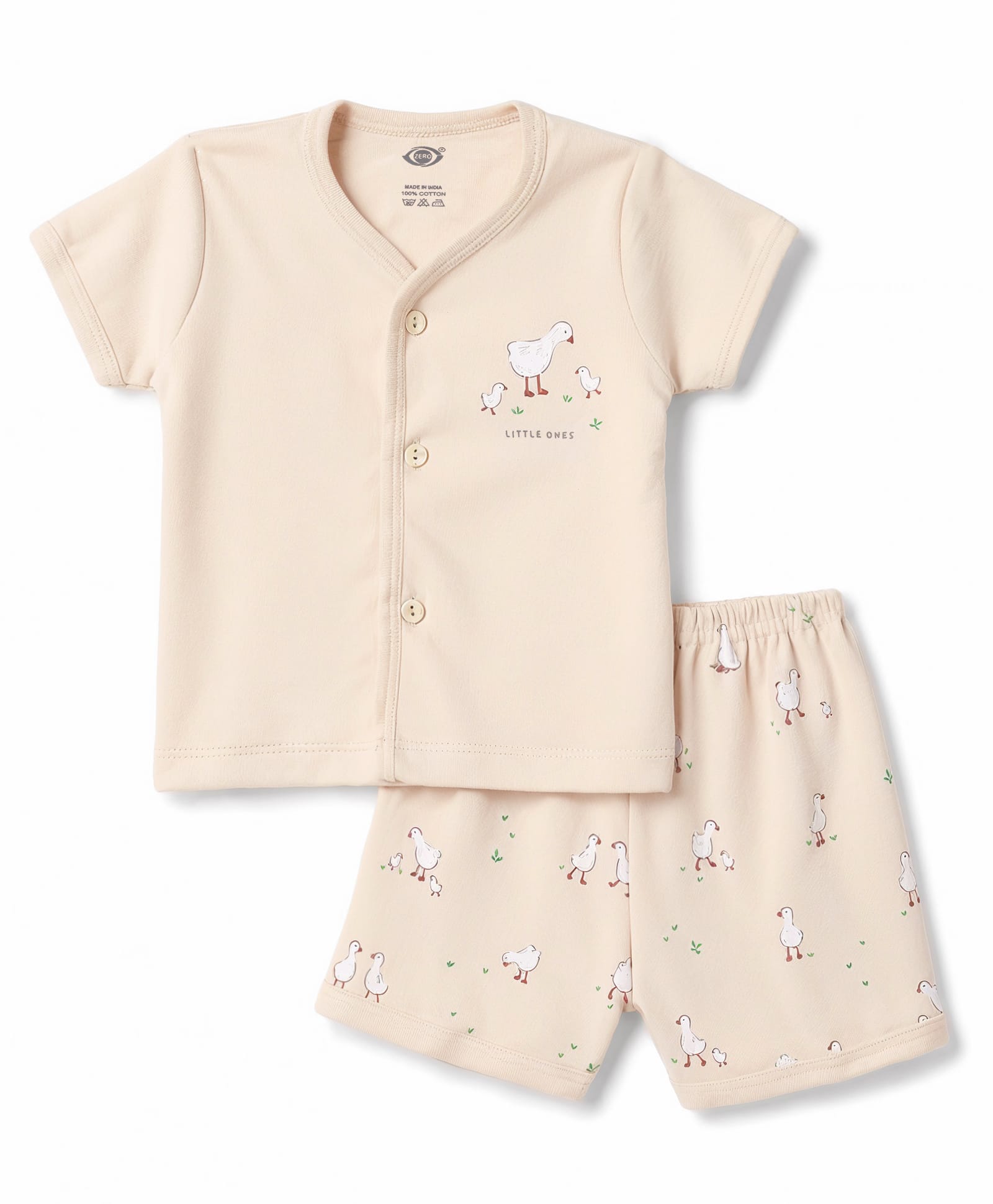 Zero Sniker Knit Half Sleeves T-Shirt & Shorts Night Suit With Birds Print - Beige-picture-21