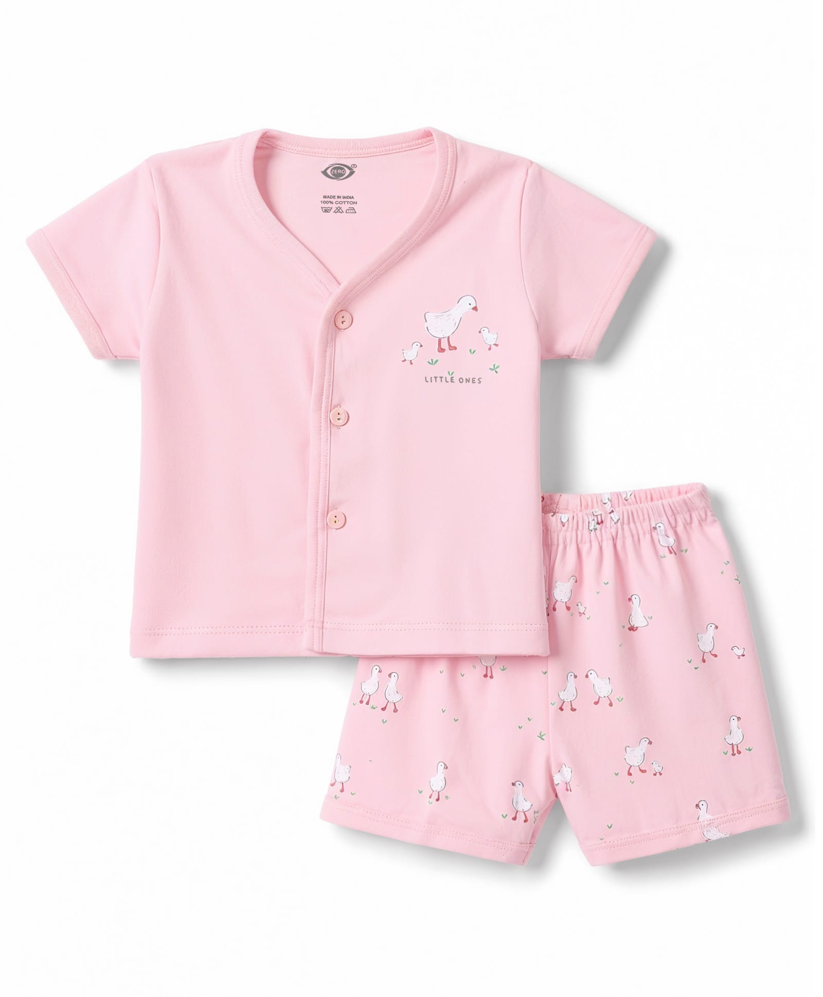 Zero Sniker Knit Half Sleeves T-Shirt & Shorts Night Suit With Birds Print - Pink-picture-19