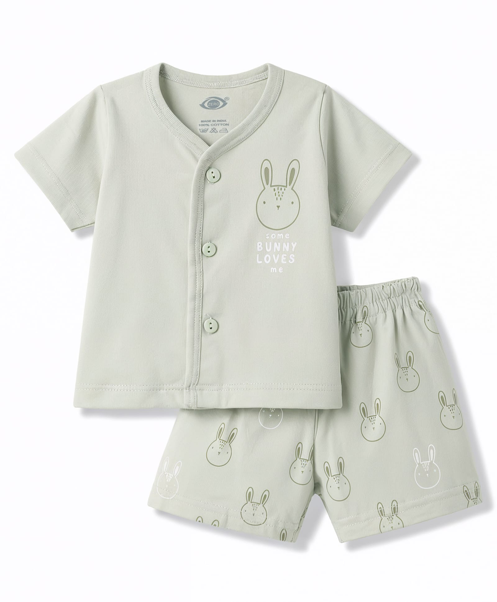 Zero Sinker Knit Half Sleeves T-Shirt & Shorts Night Suit With Bunny Print - Light Green-image-37