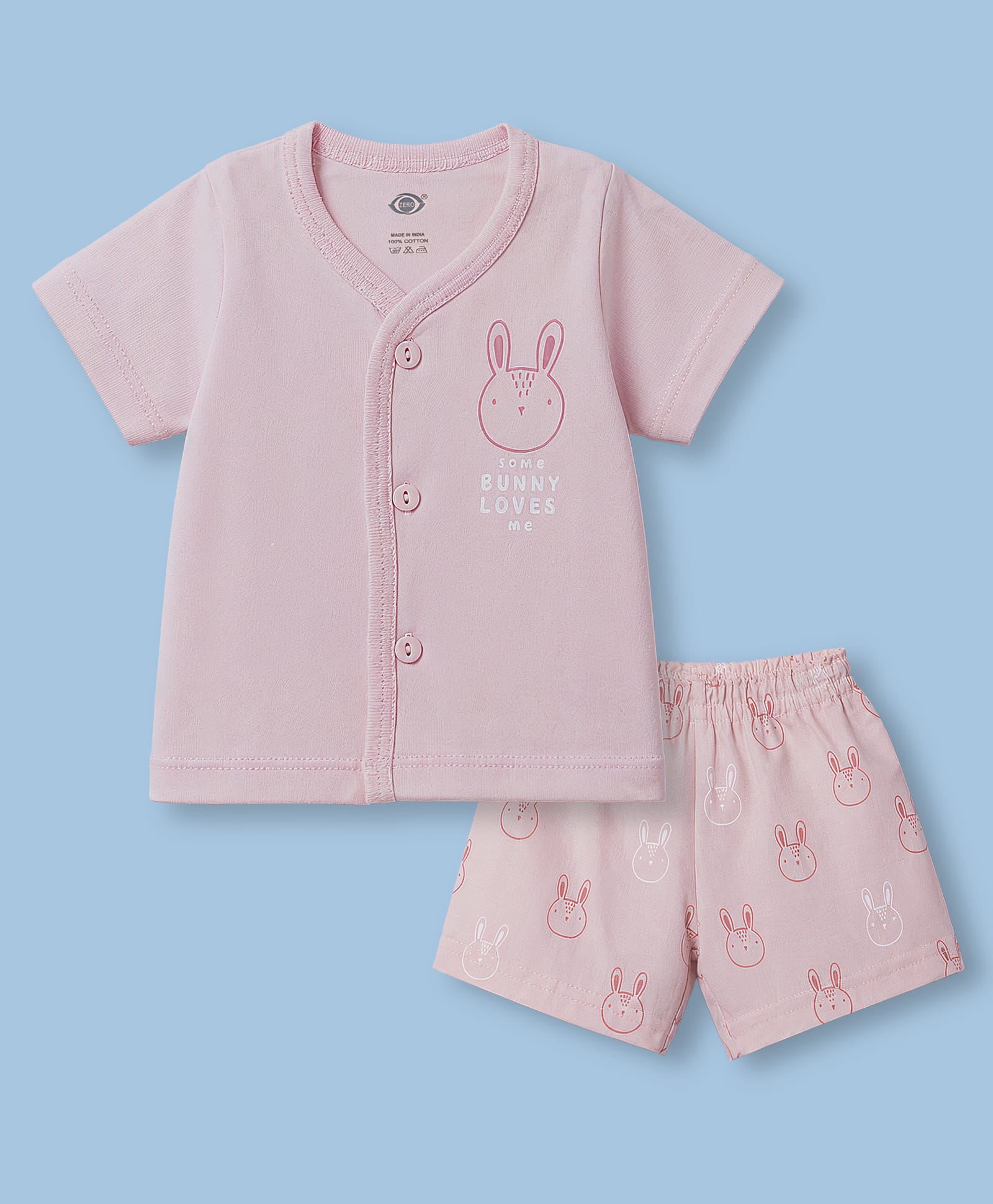 Zero Sinker Knit Half Sleeves T-Shirt & Shorts Night Suit With Bunny Print - Light Pink-picture-27